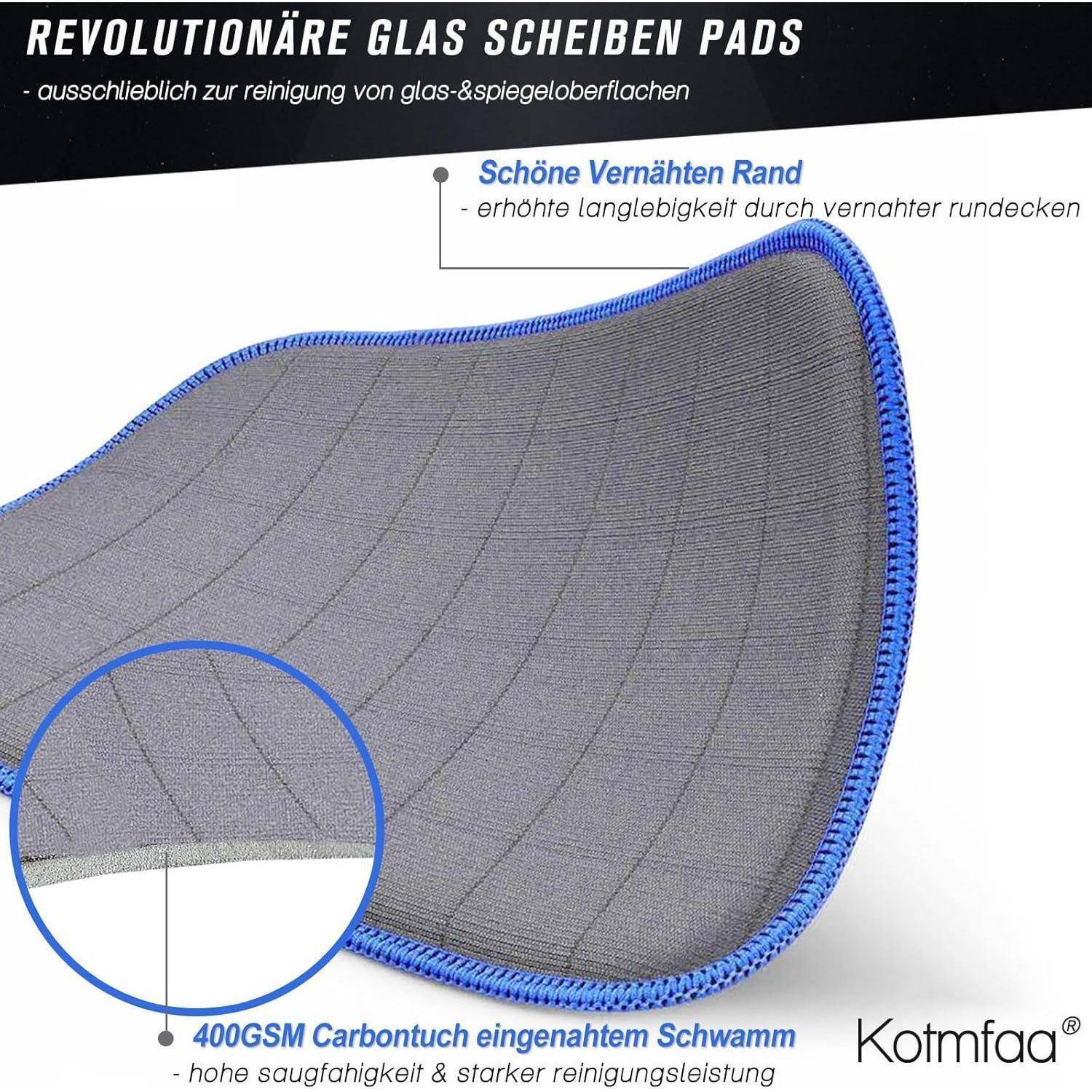 Grauer Mikrofaser-Glasreinigungspad mit blau gesteppter Kante, auf Deutsch gekennzeichnet als revolutionäres Pad für Glas- und Spiegelflächen, mit 400er GSM-Kohlenstoffschwamm-Rückseite und verstärkter genähter Kante.