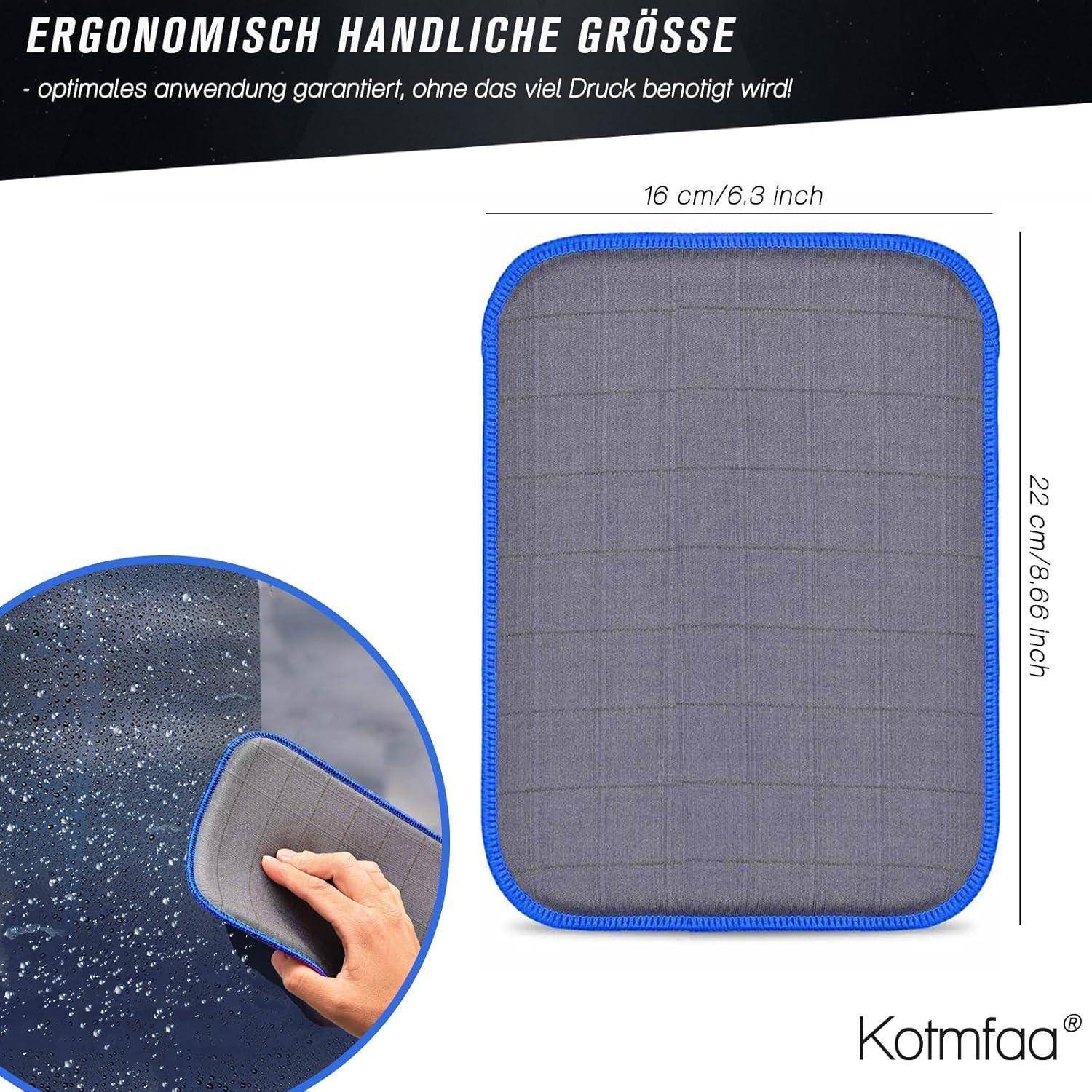 Produktgrößen-Grafik für das ergonomische Handkissen 'Kofmaa', das ein rechteckiges graupolstertes Kissen mit blauem Rand zeigt, das 16 cm mal 22 cm misst, und eine Hand, die es hält.