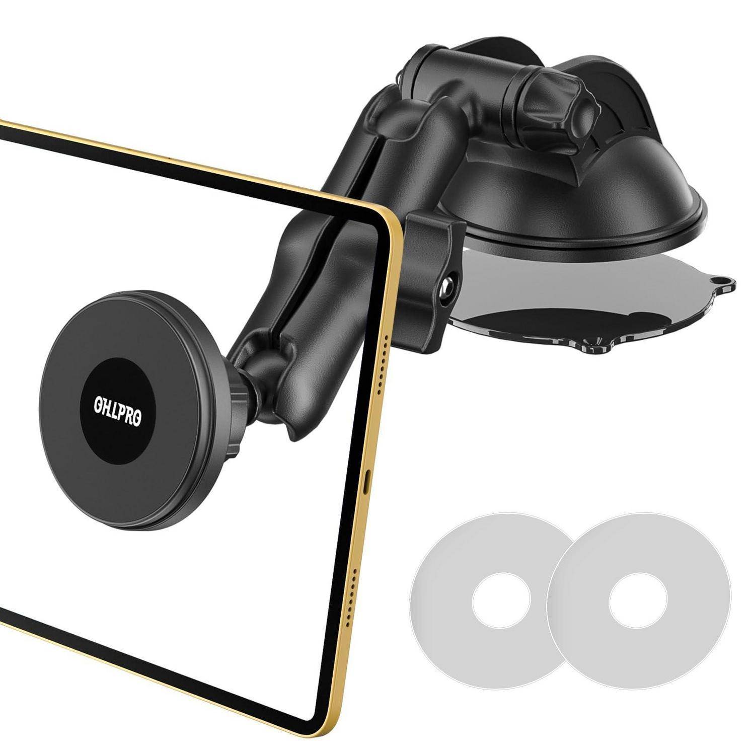 Autoinstrumententräger und Windschutzscheiben-Telefonhalterung mit verstellbarem Arm und Saugnapf, die ein Smartphone in Quer- oder Hochformat hält.