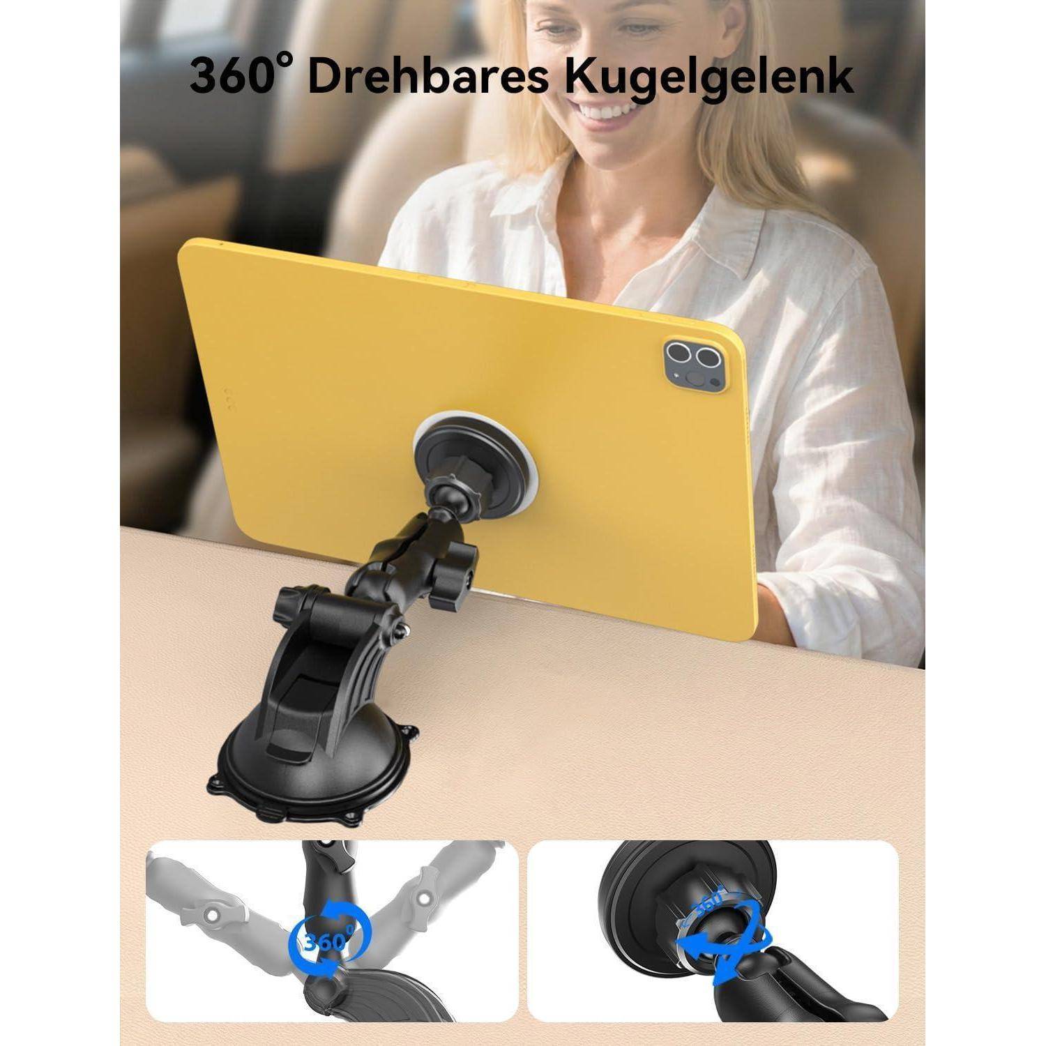 Frau nutzt ein gelbes Tablet, das auf einem 360°-Drehsaugarm montiert ist; der Text lautet „360° Drehbares Kugelgelenk", mit eingefügten Bildern, die verstellbare Gelenke zeigen.
