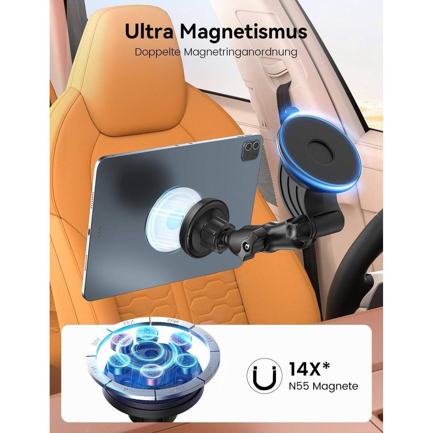 Armaturenbrett mit Dual-Magnethalterung für Telefone, an der ein Tablet und ein Telefon angebracht sind; der Text lautet „Ultra Magnetismus" und „14X* N55 Magnete"".