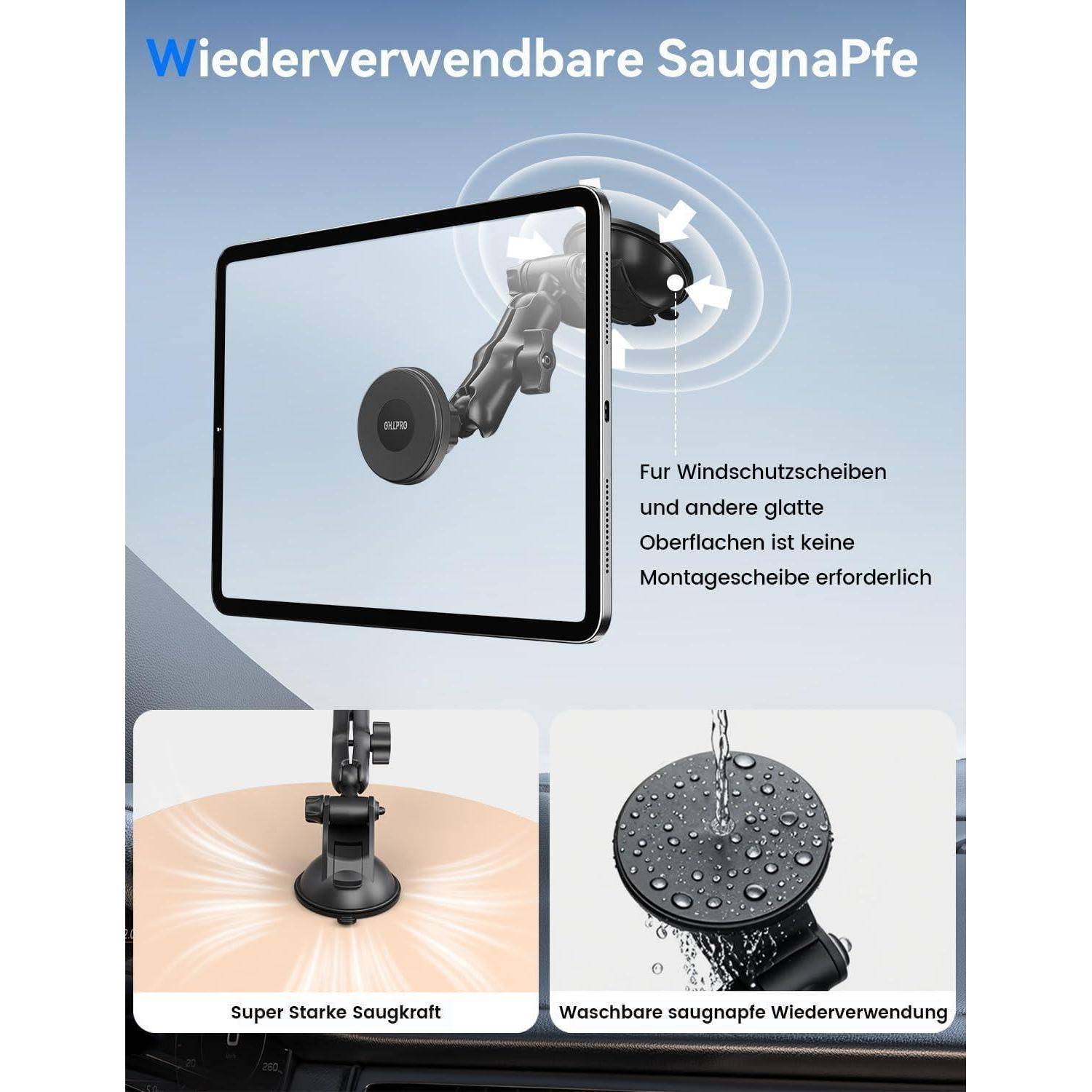Infografik einer wiederverwendbaren Saugnapf-Autohalterung für Handys auf der Windschutzscheibe, die starke Saugkraft, waschbare Wiederverwendbarkeit und keine benötigte Montagesscheibe auf glatten Oberflächen zeigt.