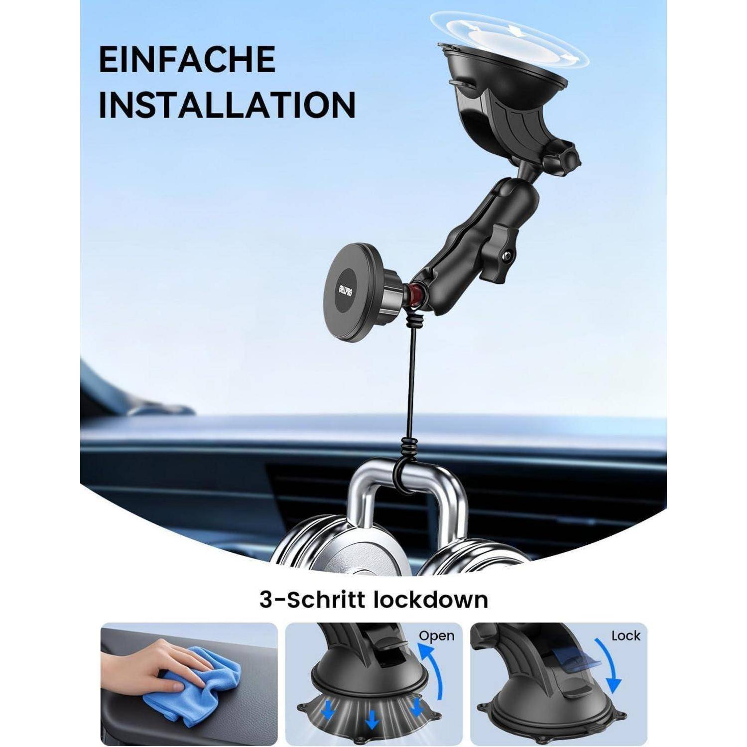 # Telefon-Halterung für Autoscheibe mit Saugnapf mit dem Text „EINFACHE INSTALLATION" und „3-Schritt-Verriegelung"", zeigt eine dreistufige Einrichtung: Oberfläche reinigen, Saugnapf öffnen, an Ort und Stelle verriegeln.
