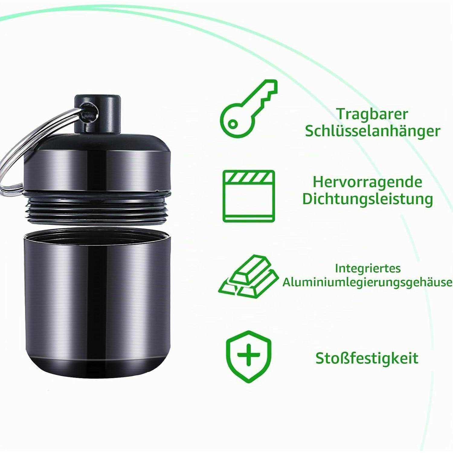 Explodierte Ansicht eines schwarzen zylindrischen Schlüsselbund-Behälters mit deutschen Beschriftungen, die Portabilität, hervorragende Dichtheit, integriertes Aluminium-Legierungs-Gehäuse und Stoßfestigkeit hervorheben.