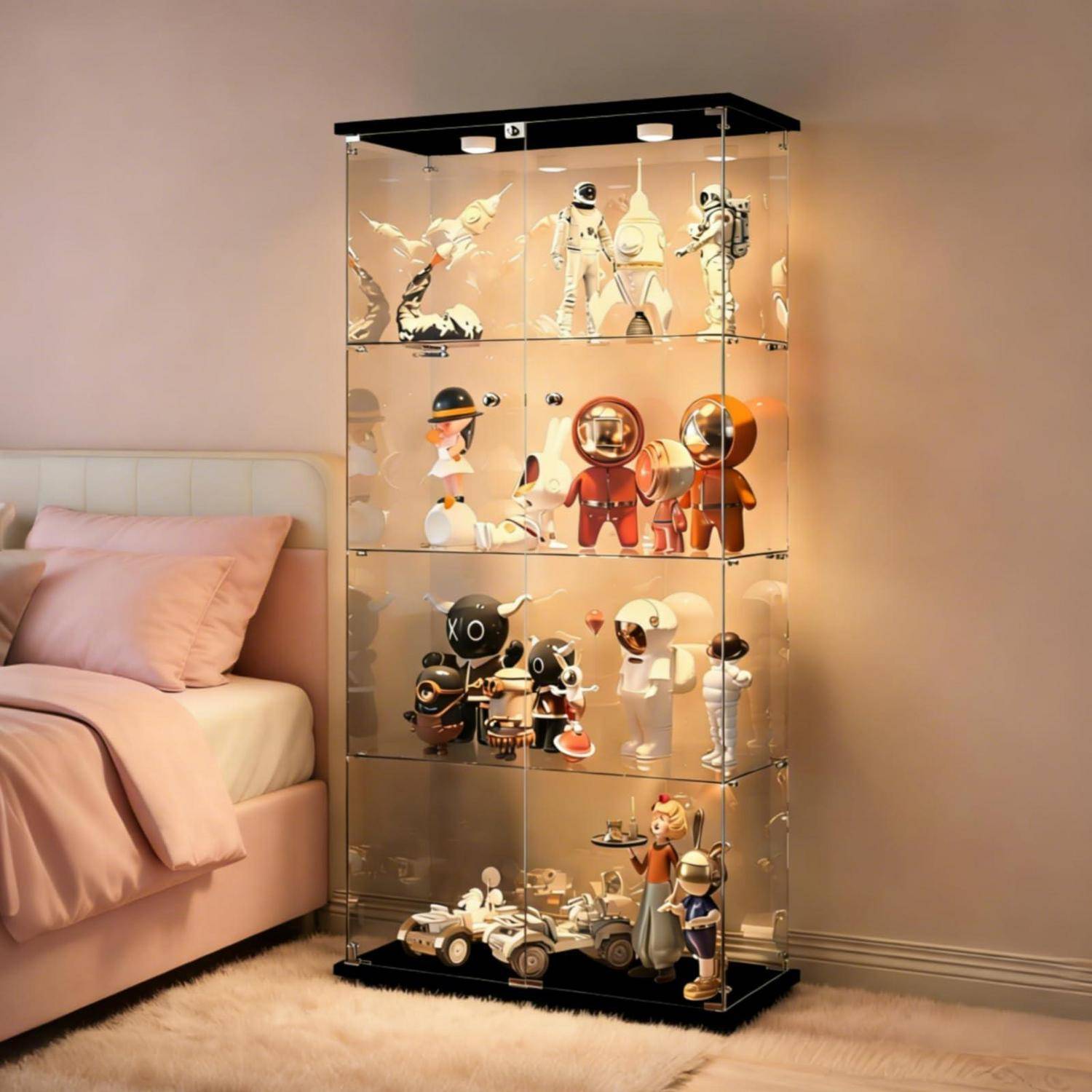 Glasvitrine mit Led Beleuchtung, Glas vitrinenschrank mit 2 Tür und 4 Lagen Sammlervitrine Glasvitrine Standvitrine für Wohnzimmer Büro Sammlerstü