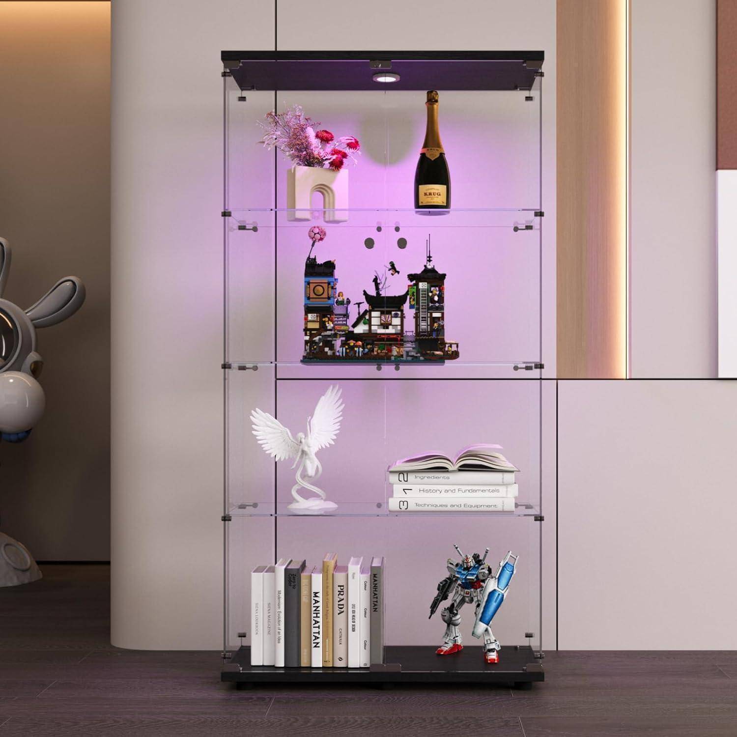 Glasvitrine mit Led Beleuchtung, Glas vitrinenschrank mit 2 Tür und 4 Lagen Sammlervitrine Glasvitrine Standvitrine für Wohnzimmer Büro Sammlerstü