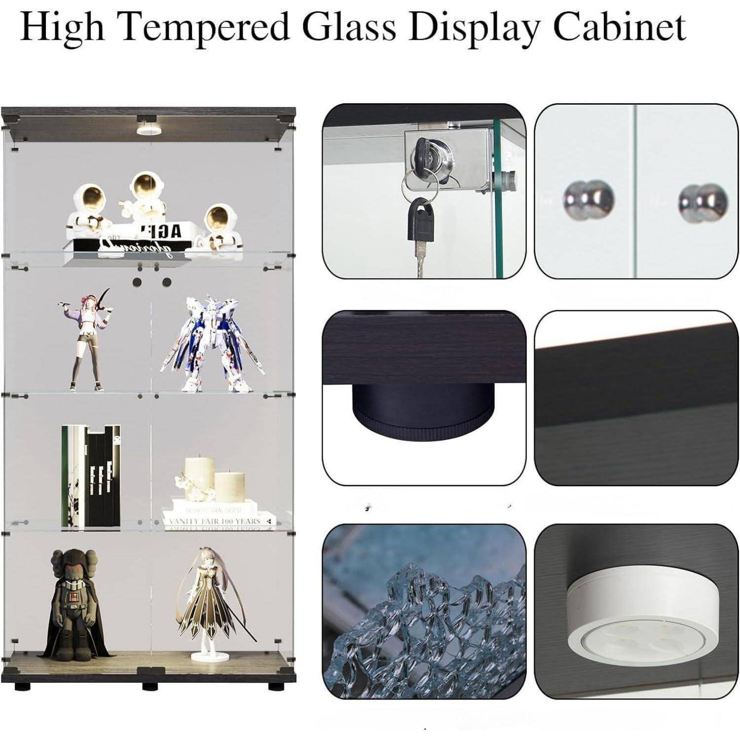Glasvitrine mit Led Beleuchtung, Glas vitrinenschrank mit 2 Tür und 4 Lagen Sammlervitrine Glasvitrine Standvitrine für Wohnzimmer Büro Sammlerstü