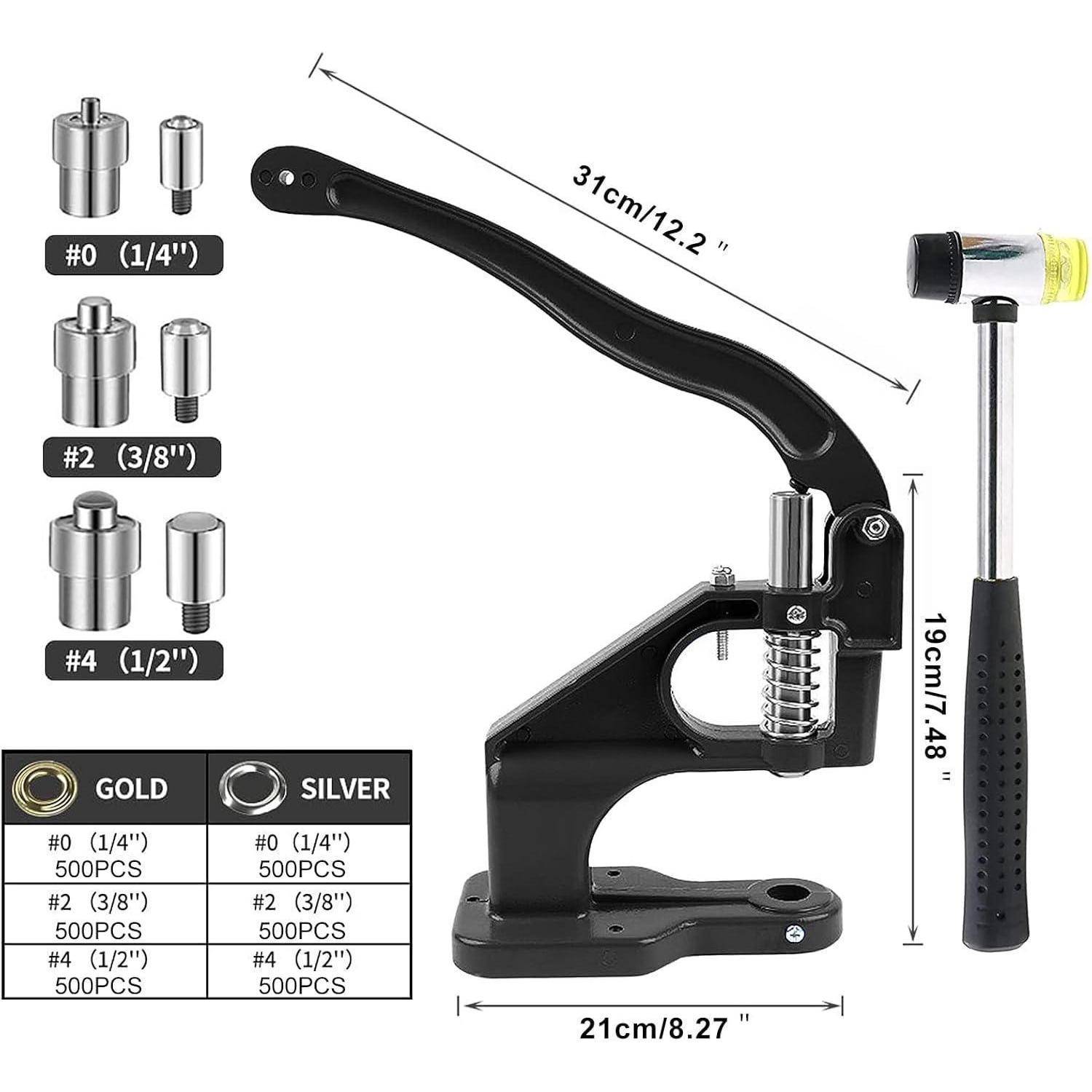 Handpresse-Werkzeugsatz mit austauschbaren Stempeln Nr. 0, Nr. 2 und Nr. 4 sowie einem Hammer; gekennzeichnete Abmessungen zeigen 31 cm Länge, 19 cm Höhe und 21 cm Basisbreite.