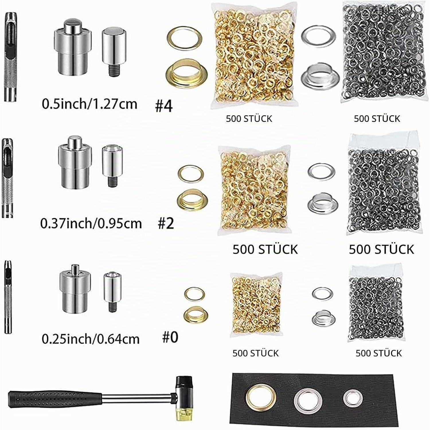 Produktvergleichsbild mit drei Grommetgrößen (#4, #2, #0) mit entsprechenden Werkzeugen, Unterlegscheiben und 500er-Packungen in Gold und Silber.