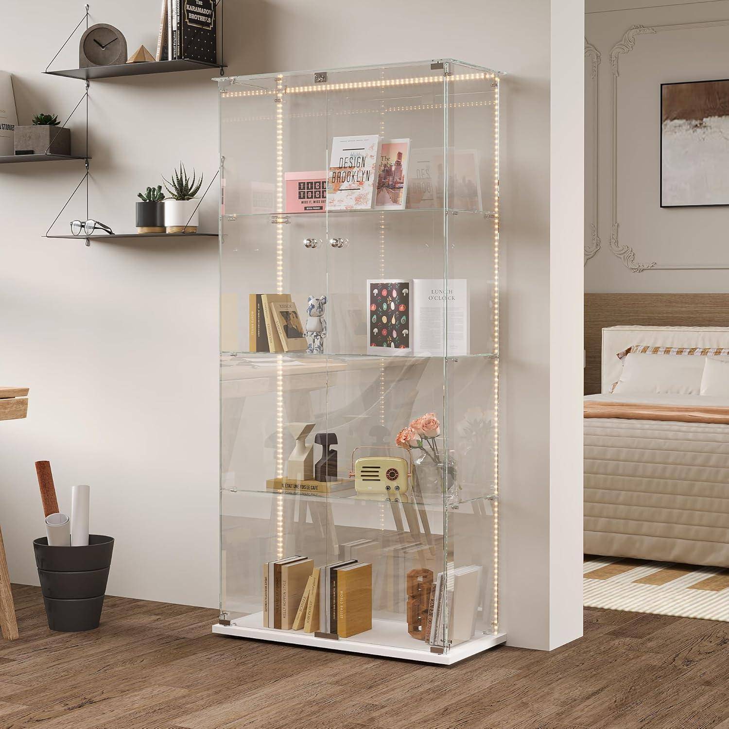 Glasvitrine Standvitrine,Glasvitrine Stehend mit Led,4 Lagen Glas Holz Glas Vitrine Vitrinenschrank 2 TüR und Schloss Vitrine Glasschrank Display