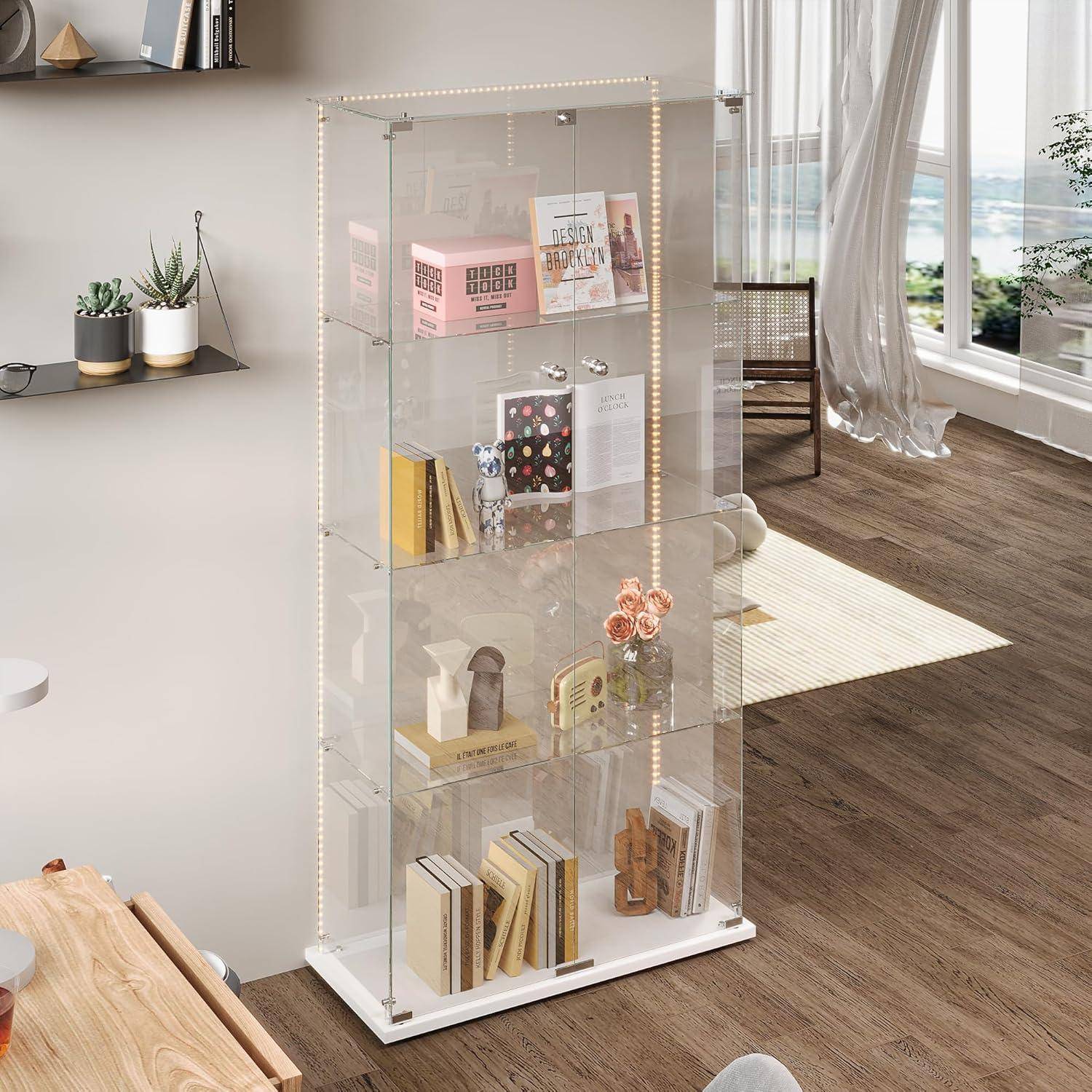 Glasvitrine Standvitrine,Glasvitrine Stehend mit Led,4 Lagen Glas Holz Glas Vitrine Vitrinenschrank 2 TüR und Schloss Vitrine Glasschrank Display