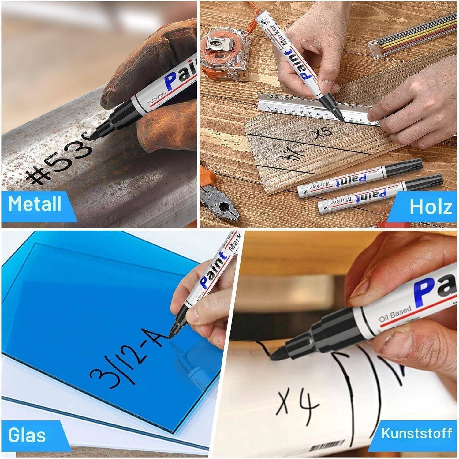 Collage zeigt einen Lackmarker, der auf Metall-, Holz-, Glas- und Kunststoffoberflächen schreibt, beschriftet mit „Metall