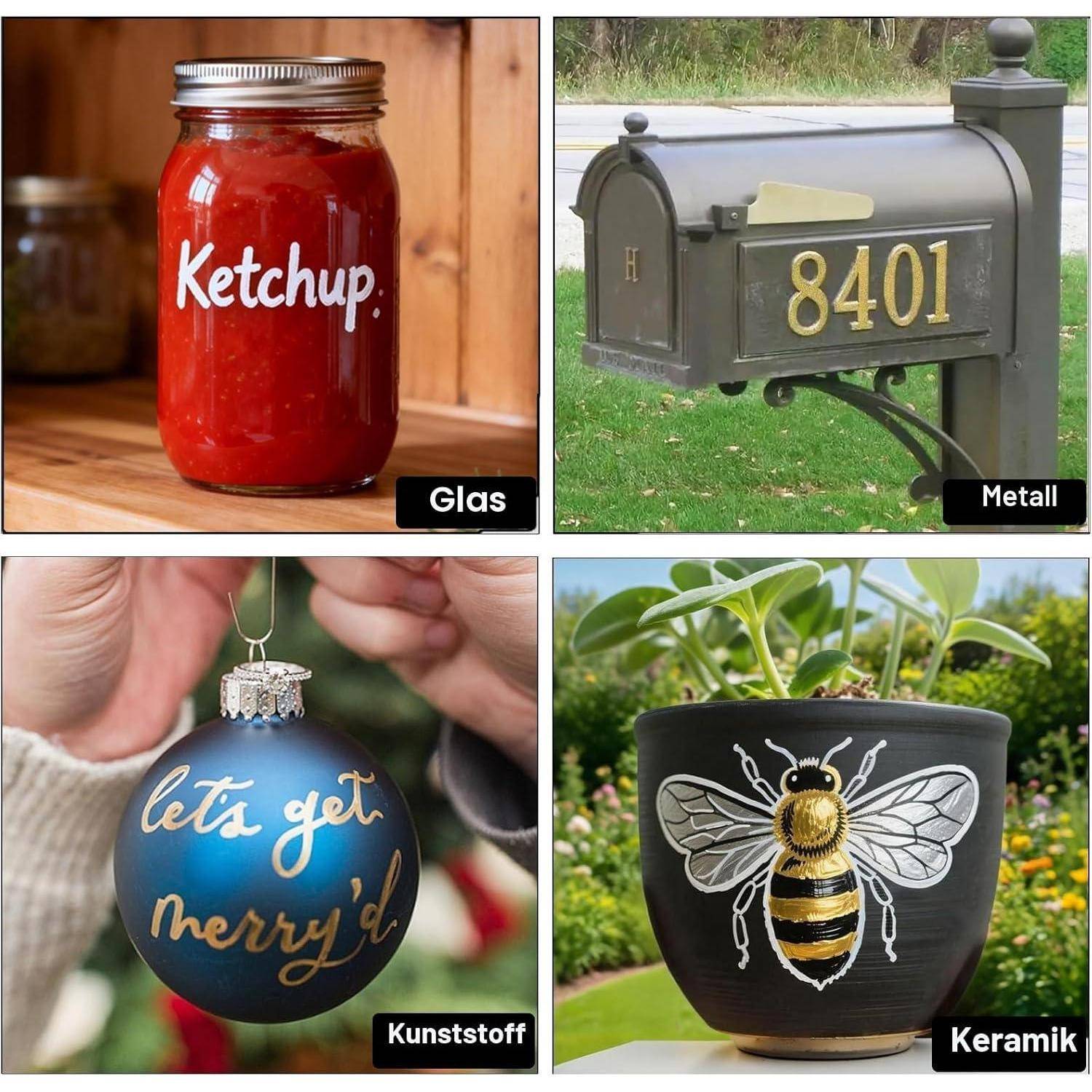 Vier gekennzeichnete Beispiele von Materialien: Glasketchup-Glas, Metallbriefkasten, Kunststoff-Weihnachtsverzierung und keramischer Blumentopf.