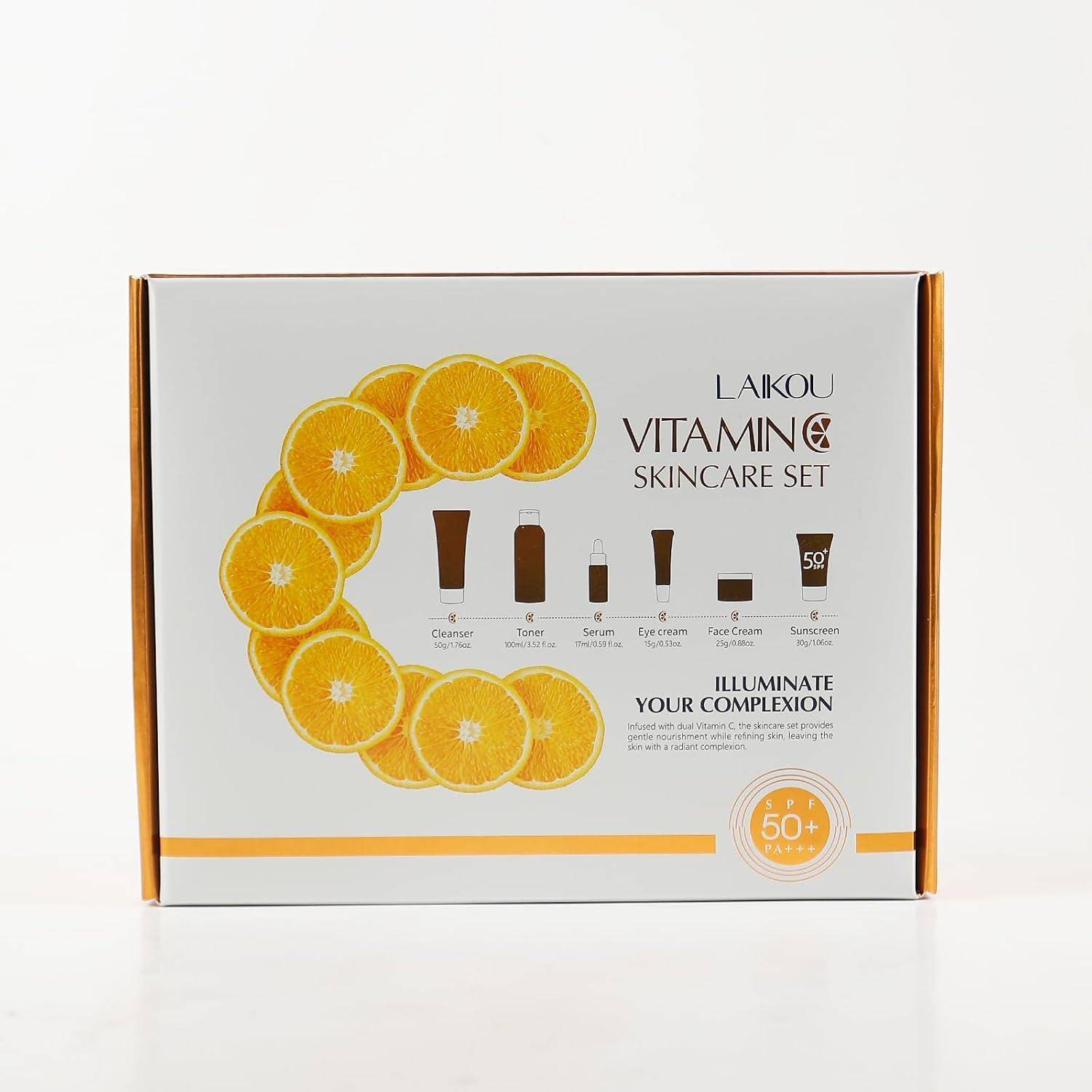 LAIKOU Vitamin C Hautpflege-Set Box mit Orangenscheiben, die in C-Form angeordnet sind, sowie Symbolen für Reiniger, Gesichtswasser, Serum, Augencreme, Gesichtscreme und Sonnenschutzmittel.
