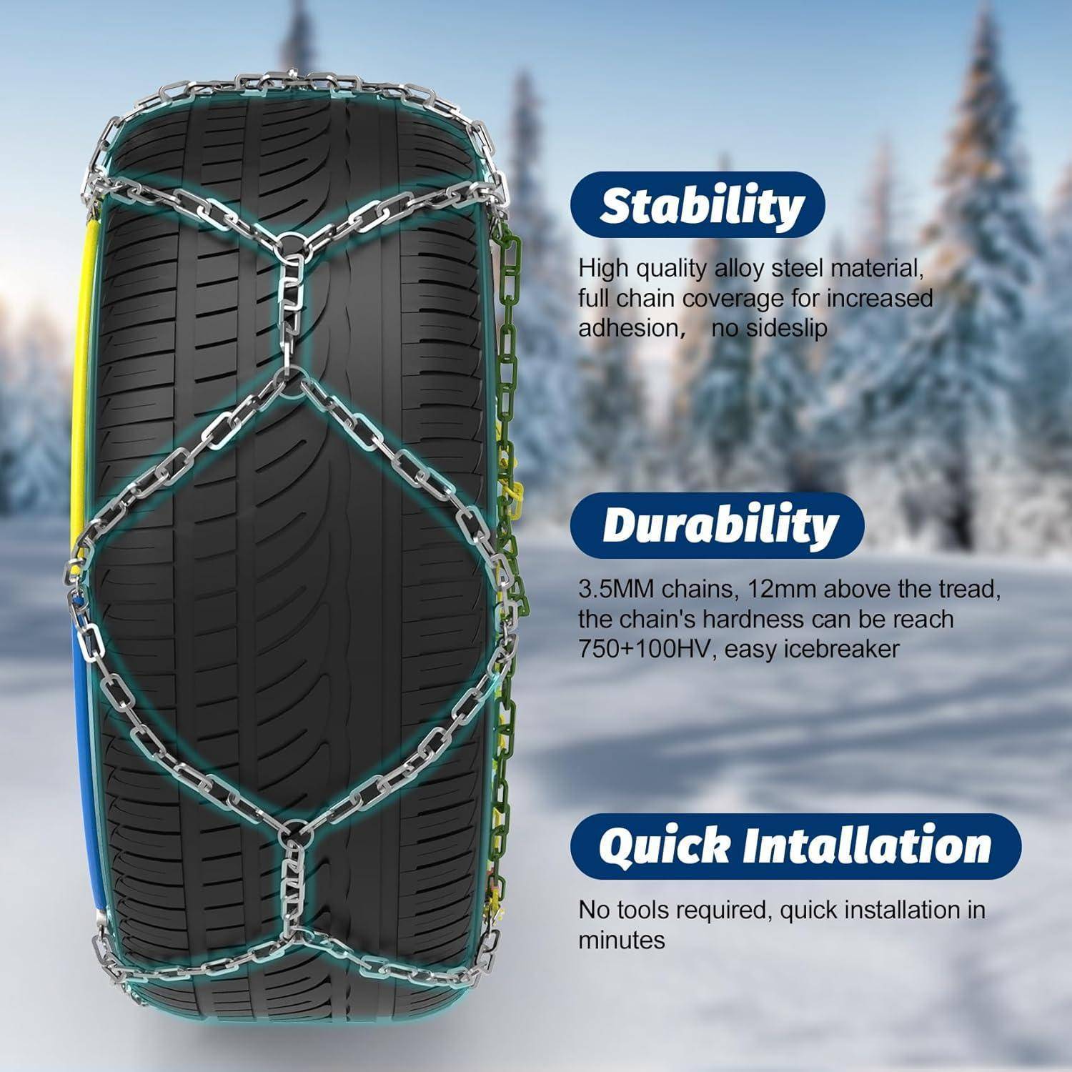 Schneeketten um einen Reifen gewickelt, mit Beschriftungen, die Stabilität, Haltbarkeit und schnelle Installation für Wintertraktionen hervorheben.
