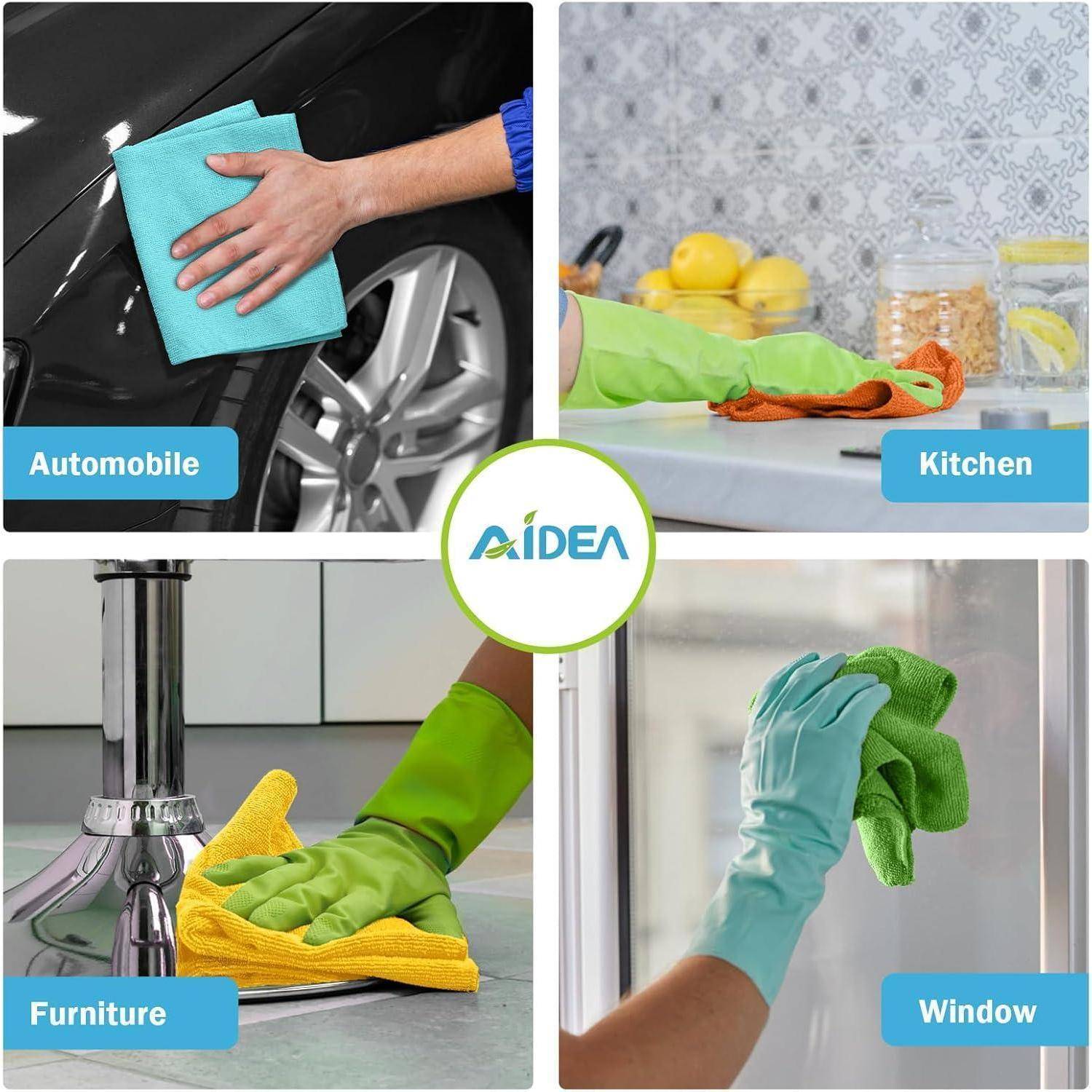 Vier-Panel-Reinigungsanzeige mit behandschuhten Händen, die ein Auto, eine Küchenablage, Möbel und ein Fenster abwischen, mit einem 