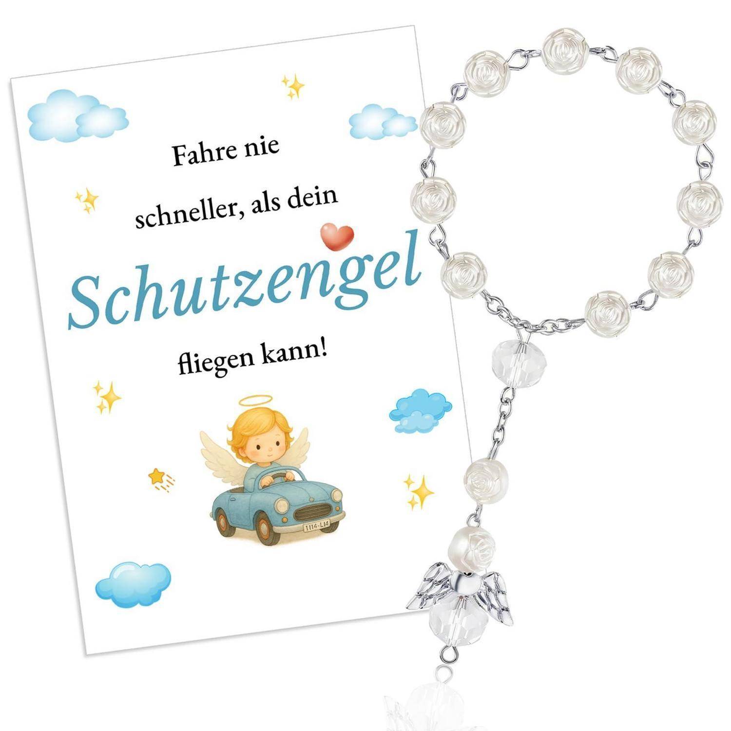 Geschenkset mit Karte und Rosenkranz-Armband mit Engelsanhänger; die Karte lautet „Fahre nie schneller, als dein Schutzengel fliegen kann!