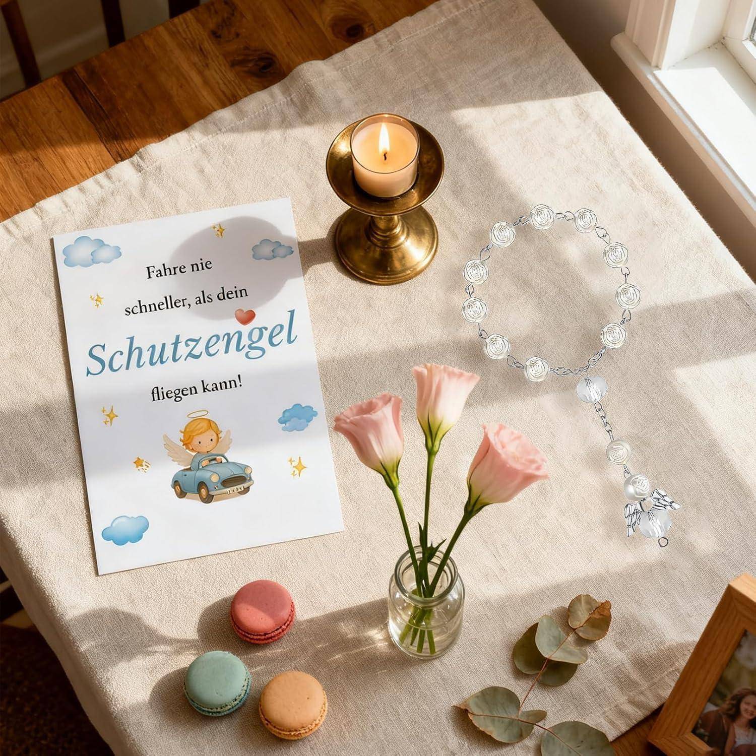 Schutzengel Auto Anhänger, Glücksbringer Auto Deko Innenraum, Autospiegel Anhänger mit Rosenkranz, Schutzengel Geschenk für Neuwagen oder Führers