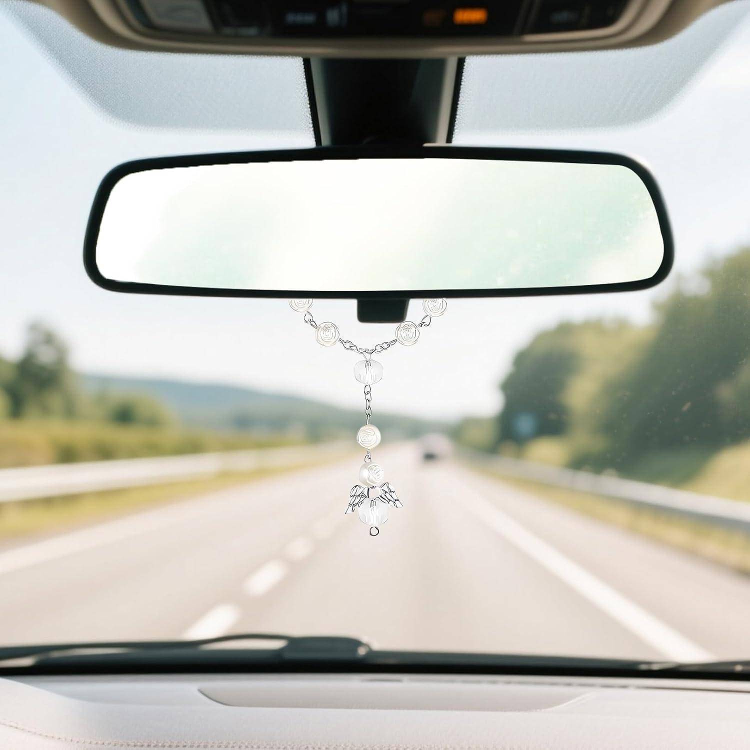 Schutzengel Auto Anhänger, Glücksbringer Auto Deko Innenraum, Autospiegel Anhänger mit Rosenkranz, Schutzengel Geschenk für Neuwagen oder Führers