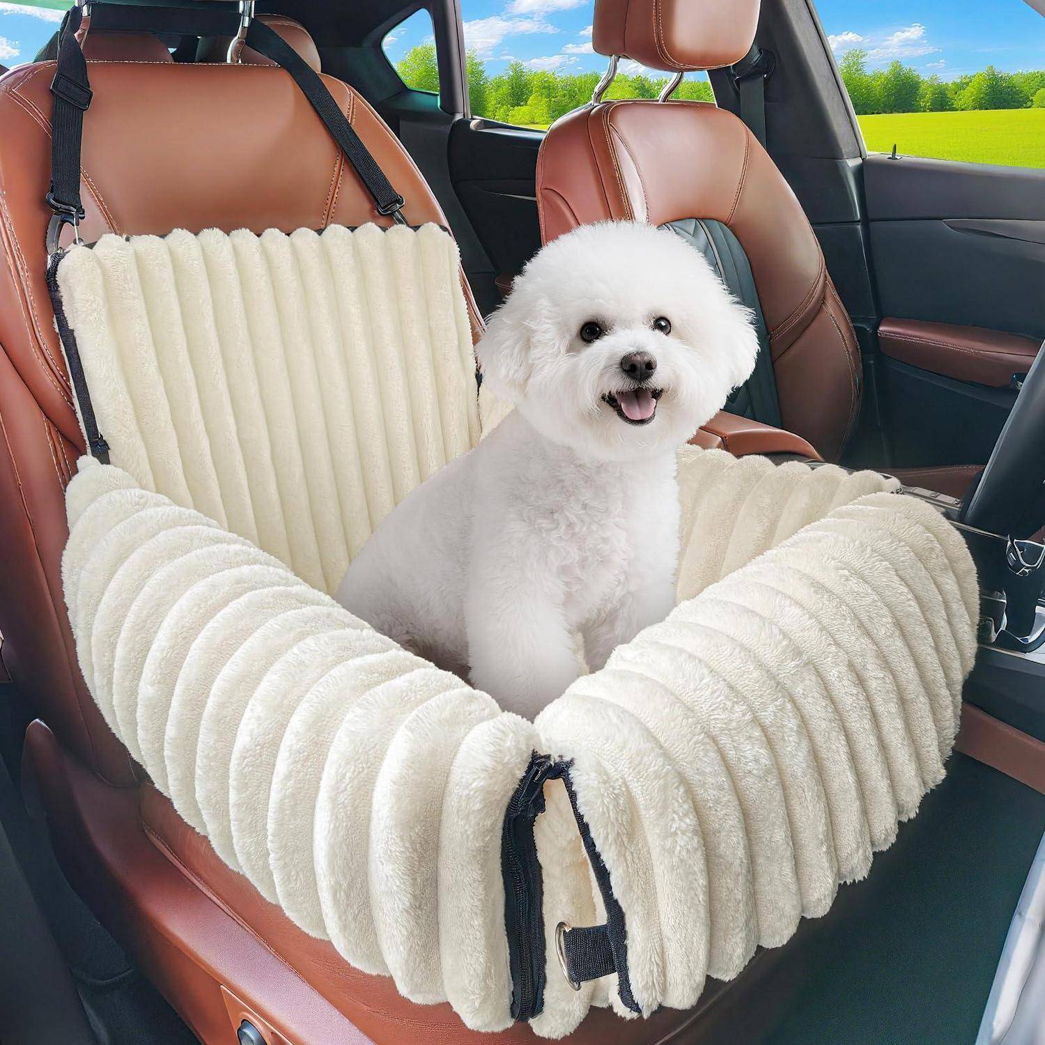 Kleiner weißer flauschiger Hund, der in einem cremefarbenen Autositz-Booster auf der Rückbank eines Fahrzeugs sitzt und in die Kamera schaut.