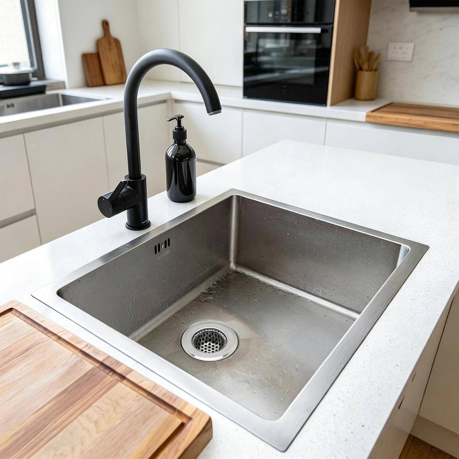 Modernes Spülbecken mit schwarzem Wasserhahn auf einer weißen Arbeitsplatte, mit einem Seifenspender und einem Holzschneidebrett in der Nähe.