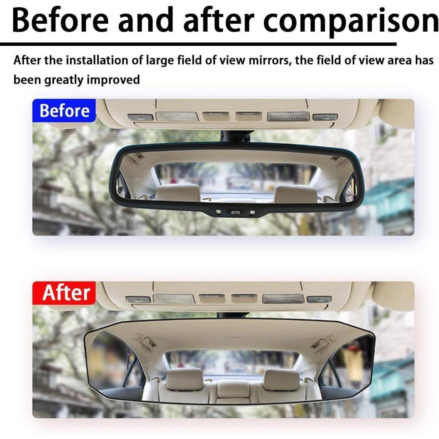 Vergleichsgrafik, die einen Autoinnenrückspiegel vor und nach der Installation von Spiegeln mit großem Sichtfeld zeigt, wobei das Bild nachher einen viel breiteren Rückblick zeigt.