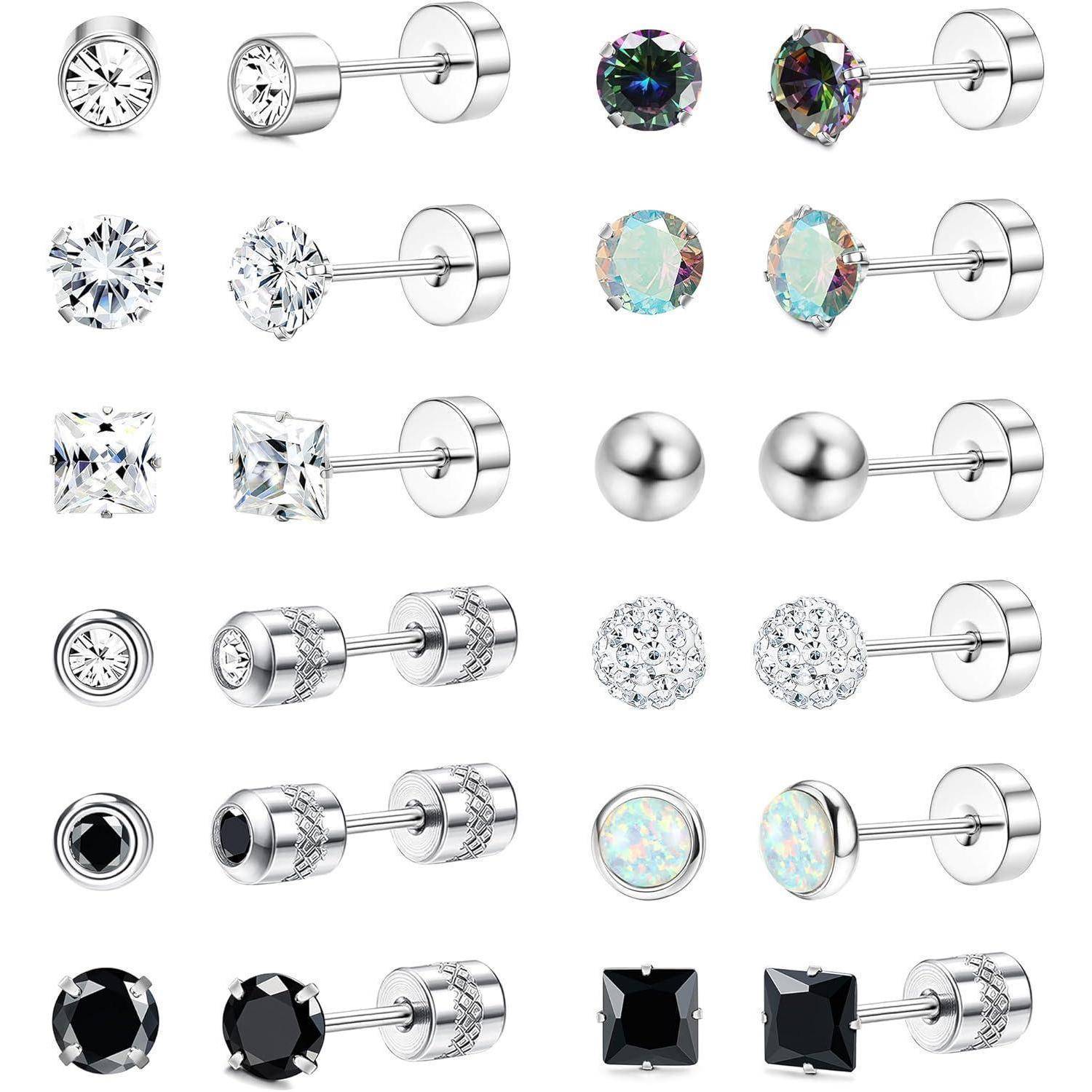 Collage aus silbernen Stecker-Ohrringen mit verschiedenen Edelstein- und Kugeldesigns, dargestellt in Front- und Seitenansichten auf weißem Hintergrund.