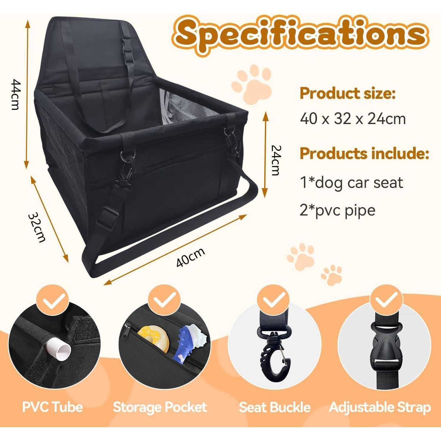 Spezifikationsbild eines schwarzen Hundezitzes für das Auto mit Abmessungen 40 x 32 x 24 cm; enthält 1 Hundezitz und 2 PVC-Rohre, zeigt PVC-Rohr, Aufbewahrungstasche, Sitzsicherung und verstellbaren Riemen.