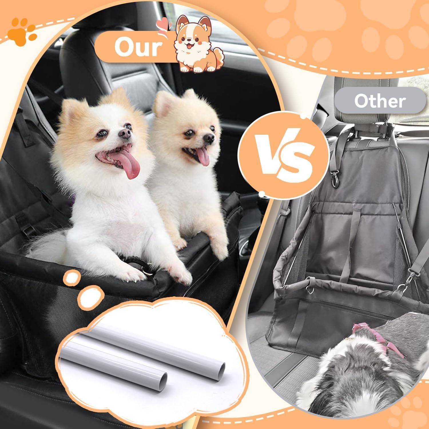 Vergleichsgrafik einer Autositzabdeckung: Unsere plüschige schwarze Sitzabdeckung fasst zwei kleine Hunde, gegenüber einer einfachen grauen hängenden Sitzschutzvorrichtung mit der Bezeichnung „Andere"; eine Nahaufnahme zeigt Metallstützrohre.