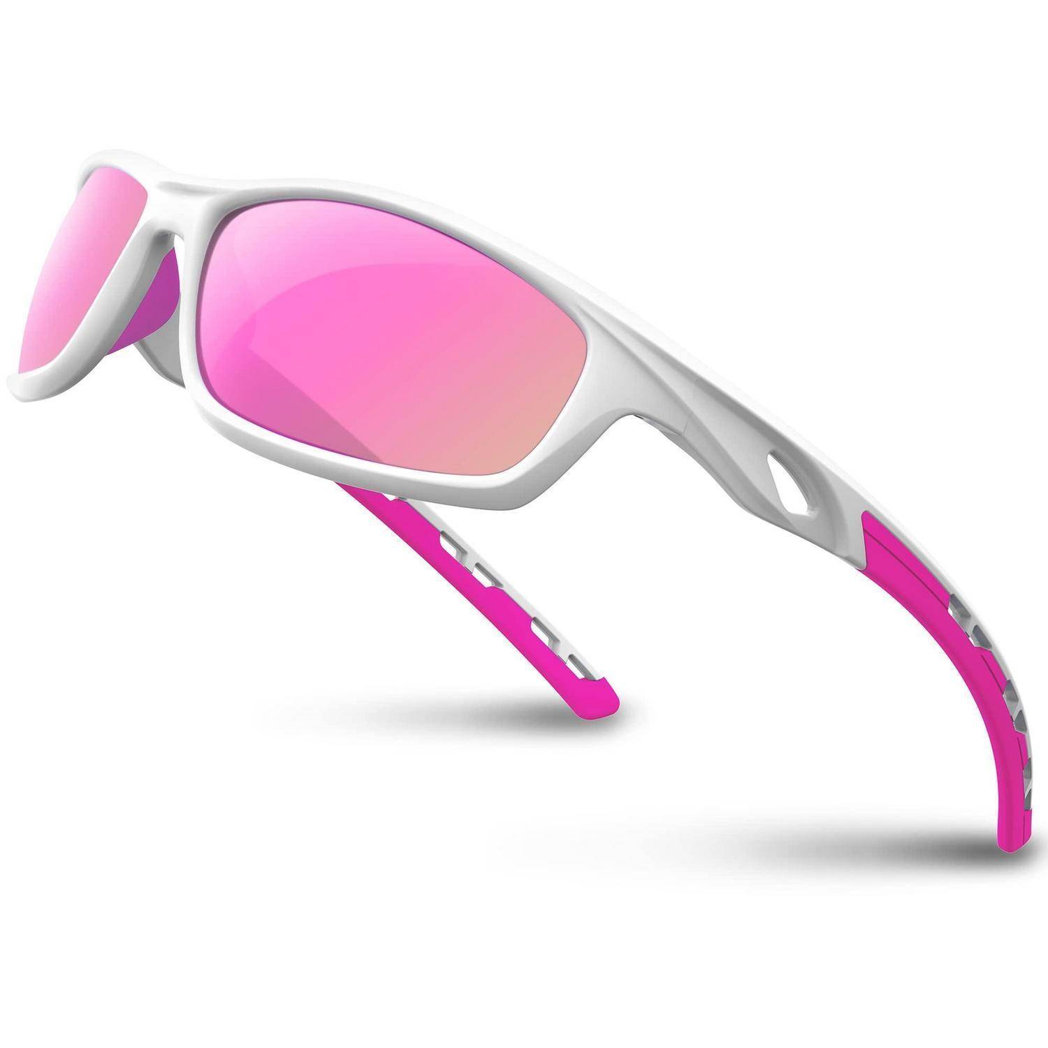 Rosa-weiße umwickelnde Sportsonnenbrille mit verspiegelten rosa Gläsern, auf weißem Hintergrund dargestellt.