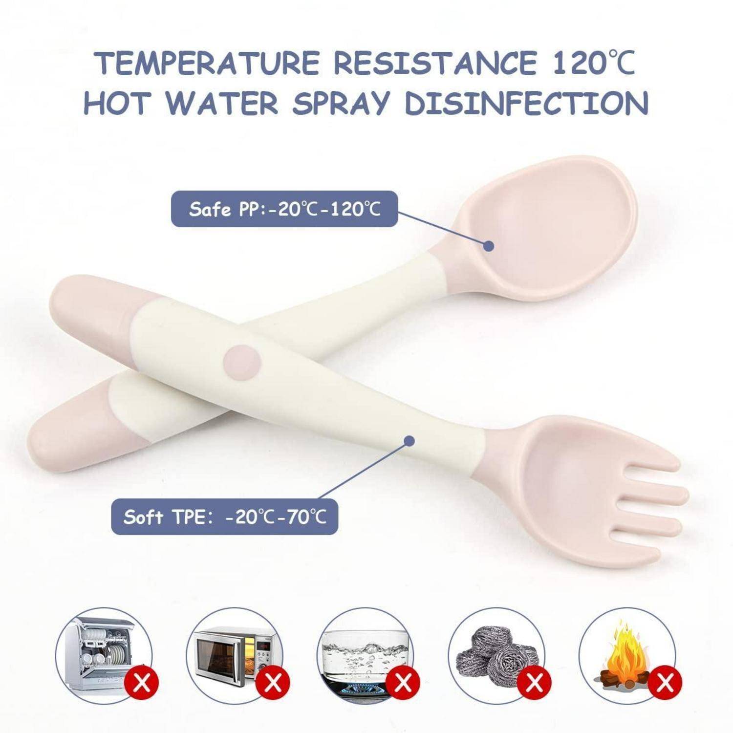 Abbildung eines Babylöffels und einer Babelpgabel mit den Bezeichnungen „Temperaturbeständigkeit 120°C" und „Heißwasser-Sprühdesinfektion"", mit Callouts für sichere PP- und weiche TPE-Temperaturbereiche und durchgestrichenen Symbolen für Spülmaschine, Mikrowelle, Wasser, Stahlwolle und Feuer.