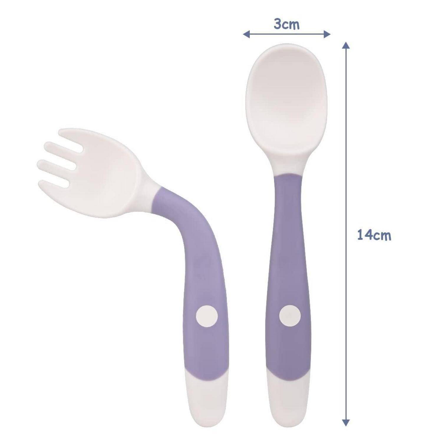 Lila-weißes Kindergeschirr-Set mit Löffel und Gabel in Vorderansicht, mit Maßangaben von 3 cm Breite und 14 cm Länge.