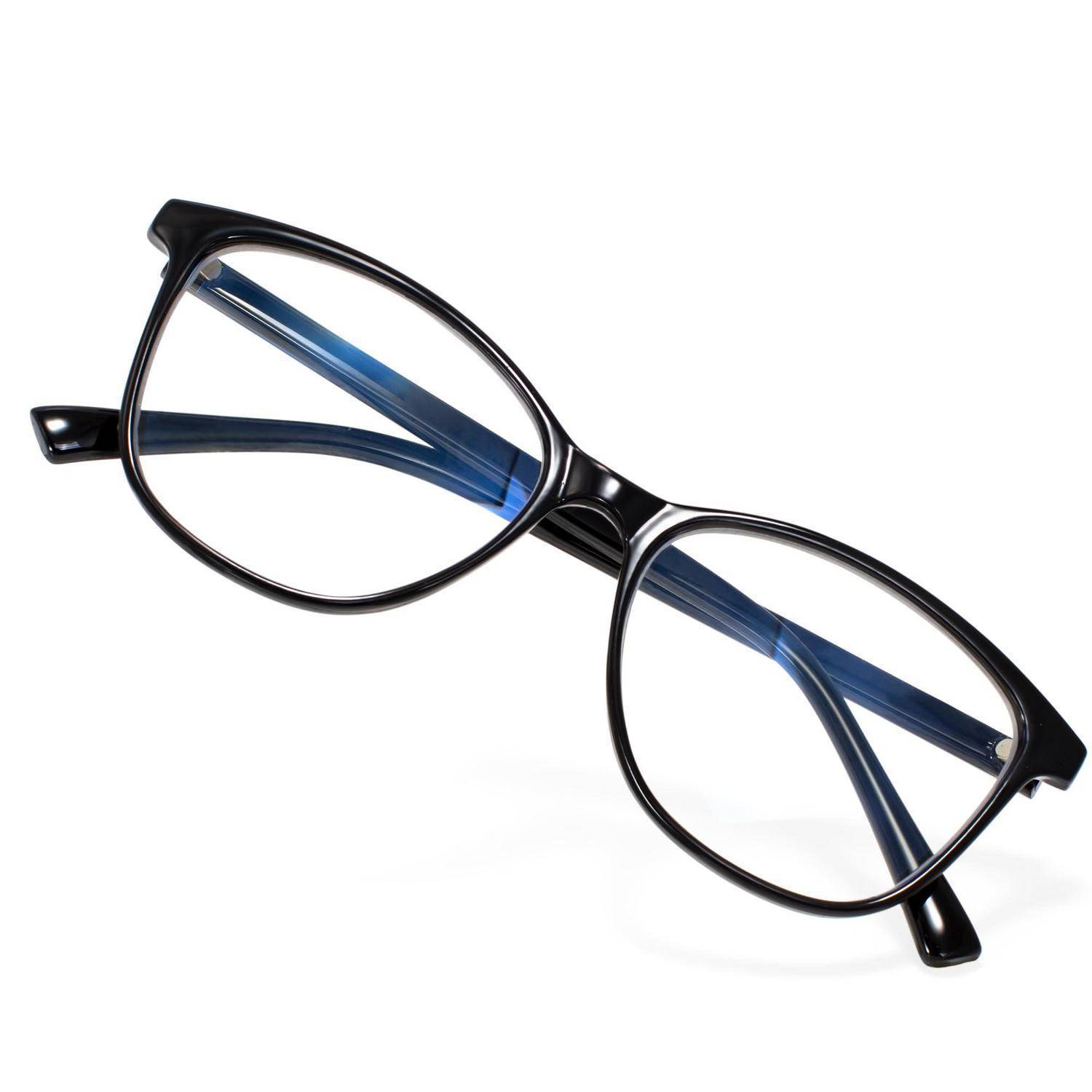 Schwarzgerahmte Brille mit blaugetönten Bügeln, gezeigt auf einfachem weißem Hintergrund.