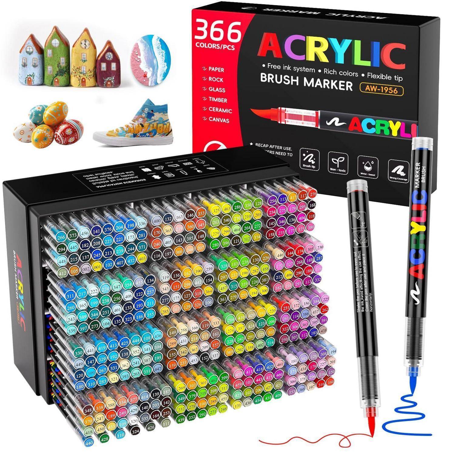 Kastenset mit 366 Acrylpinsel-Markern, mit vielen farbcodierten Stiften gezeigt, plus Beispielkunstwerke auf Steinen, Eiern und einem Schuh; die Verpackung sagt „ACRYLIC