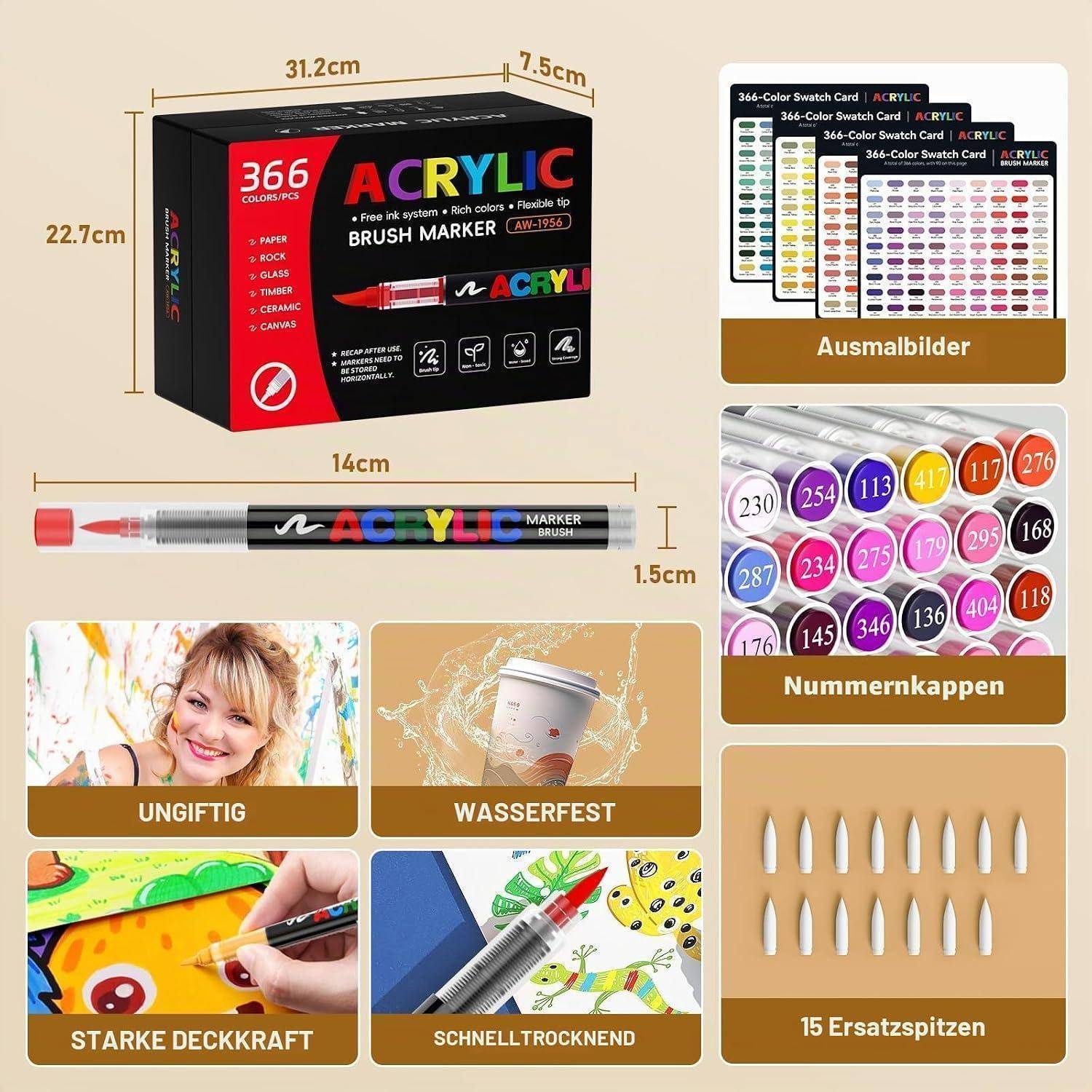 Produktpromo-Bild für ein 366-farbiges Acryl-Pinselmarker-Set, das die Schachtel, den Marker, Farbmuster, nummerierte Kappen und Eigenschaften zeigt: ungiftig, wasserfest, starke Deckkraft, schnelltrocknend, 15 Ersatzspitzen.