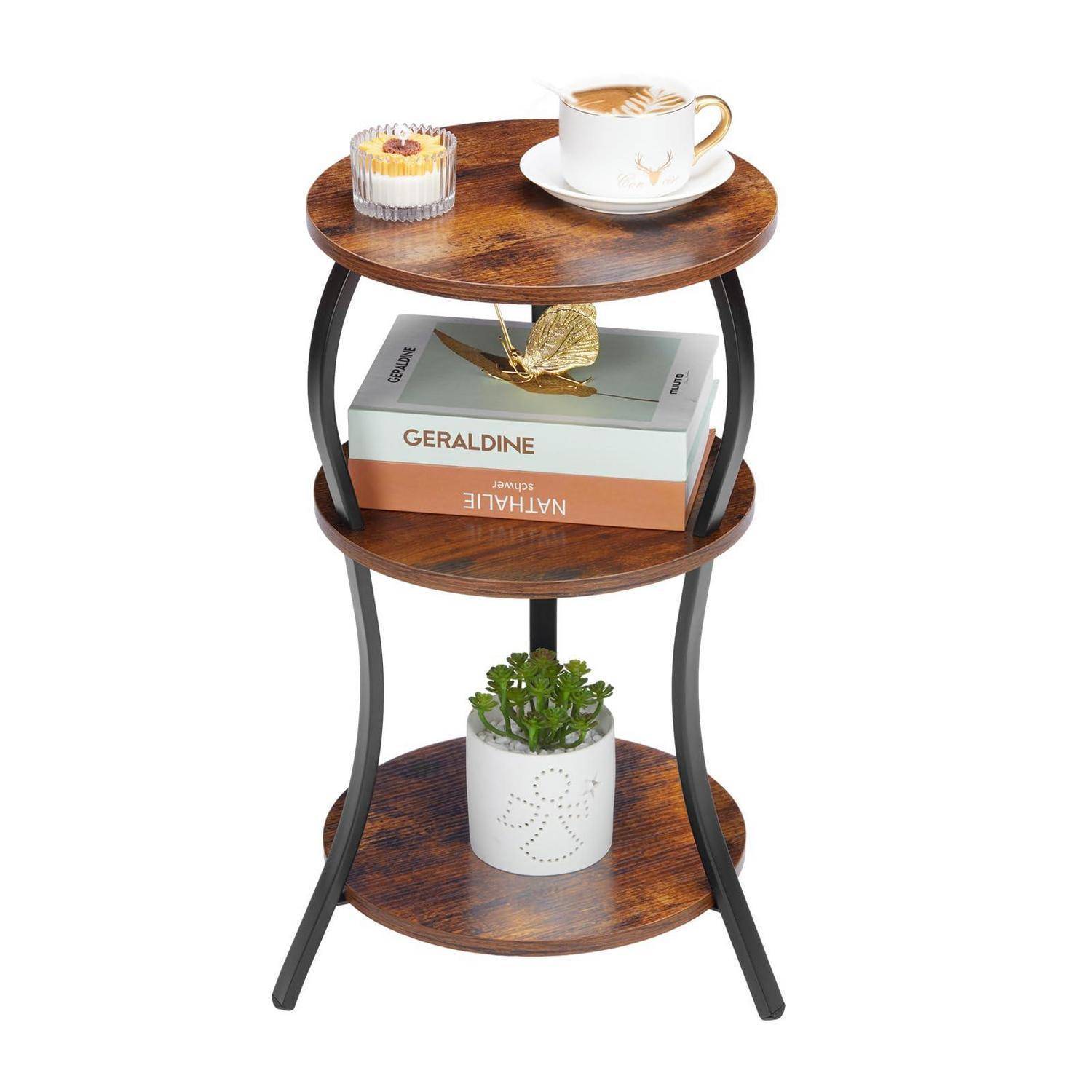 Beistelltisch Rund, 3 Ebenen Nachttisch Skandinavisches Design, Kleiner Couchtisch Hell & Metall Schwarz, Sofatisch für Wohnzimmer & Schlafzimmer