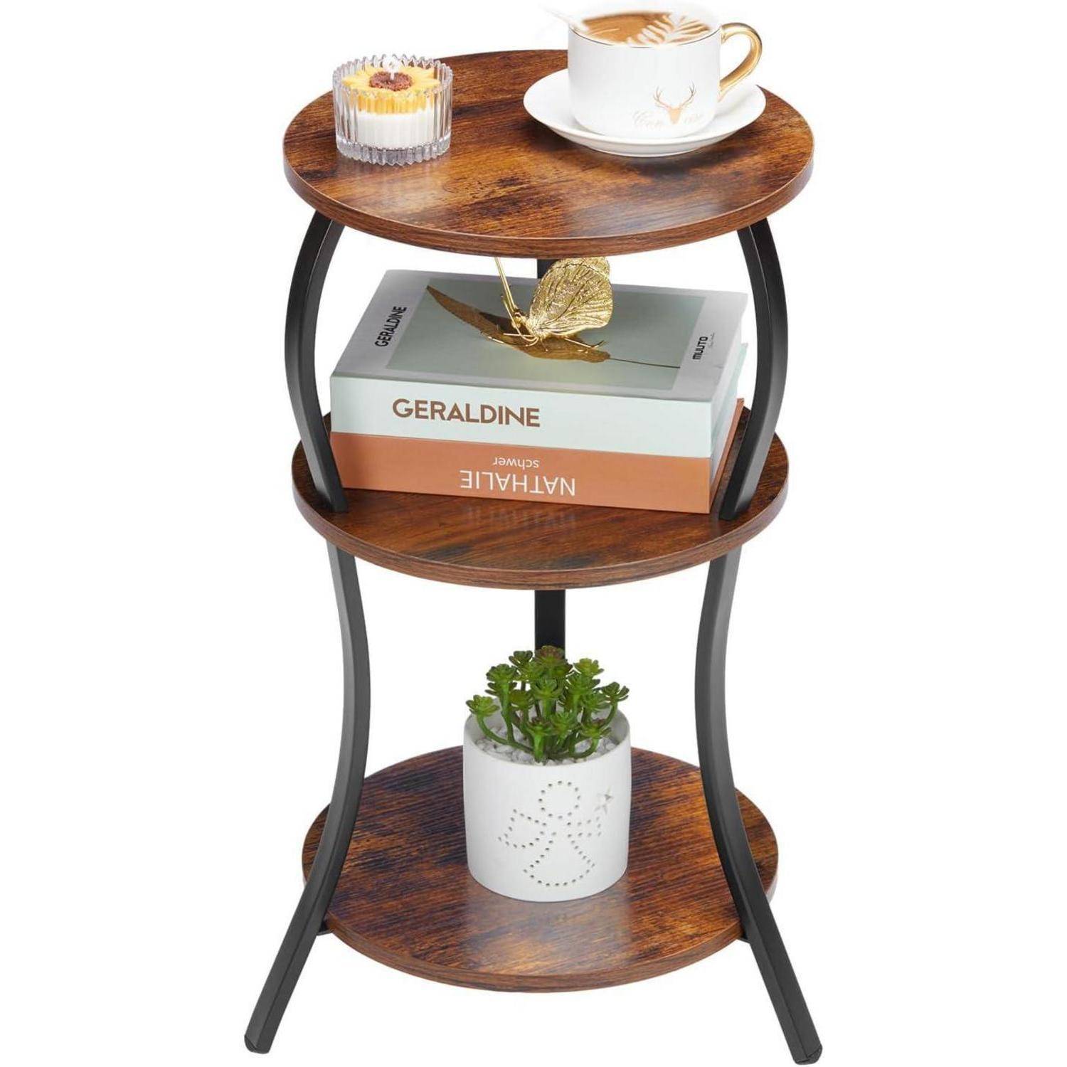 Beistelltisch Rund, 3 Ebenen Nachttisch Skandinavisches Design, Kleiner Couchtisch Hell & Metall Schwarz, Sofatisch für Wohnzimmer & Schlafzimmer