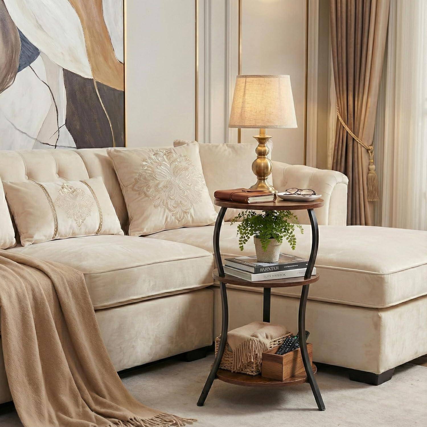 Beistelltisch Rund, 3 Ebenen Nachttisch Skandinavisches Design, Kleiner Couchtisch Hell & Metall Schwarz, Sofatisch für Wohnzimmer & Schlafzimmer