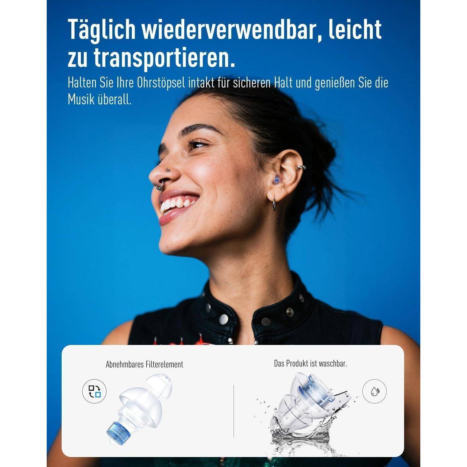 Werbebild einer lächelnden Frau, die Kopfhörer trägt, mit deutschem Text über tägliche Wiederverwendung und Portabilität; das untere Feld zeigt ein abnehmbares Filterelement und dass das Produkt waschbar ist.
