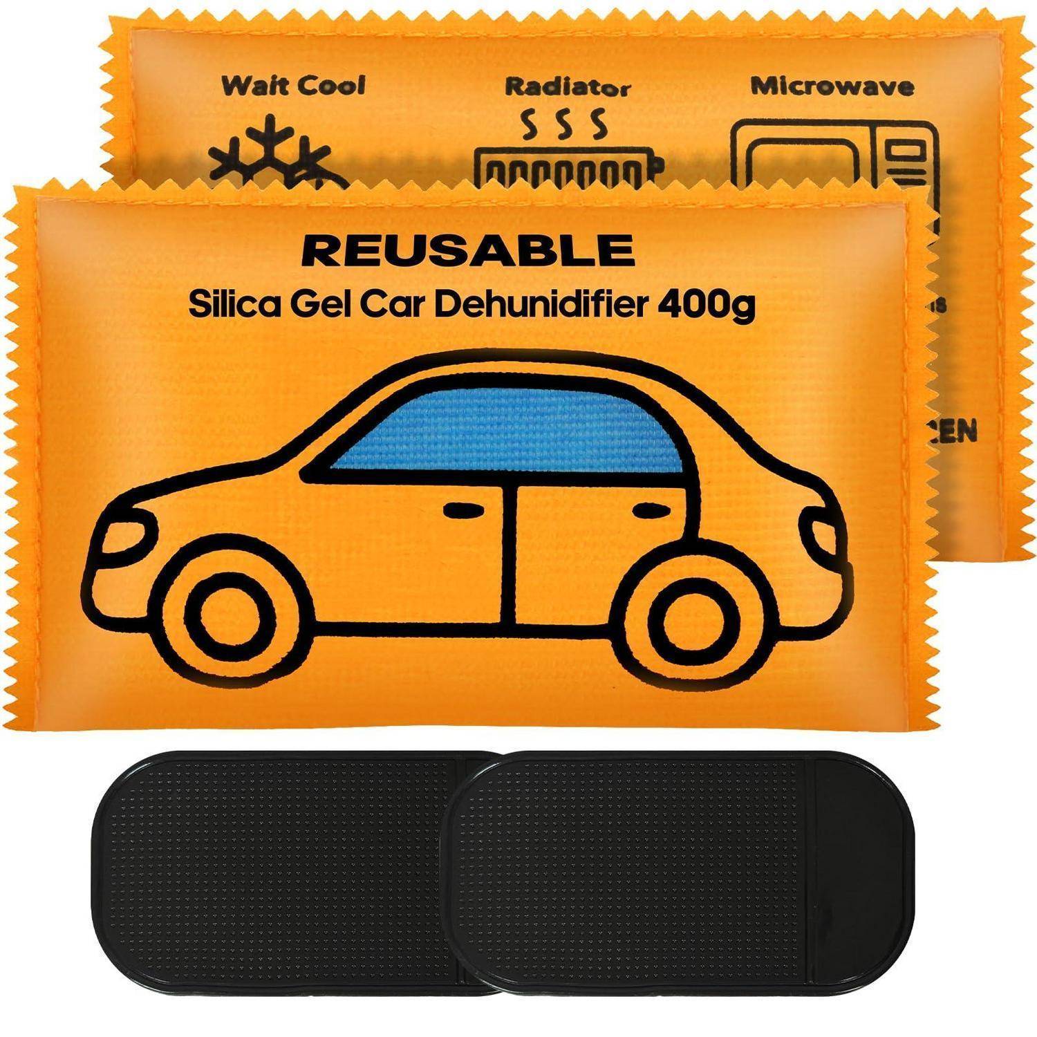 Wiederverwendbarer 400g Silicagel-Autotrocknungsbeutel mit Autosymbol, vorne und hinten dargestellt; die Verpackung besagt „Wait Cool