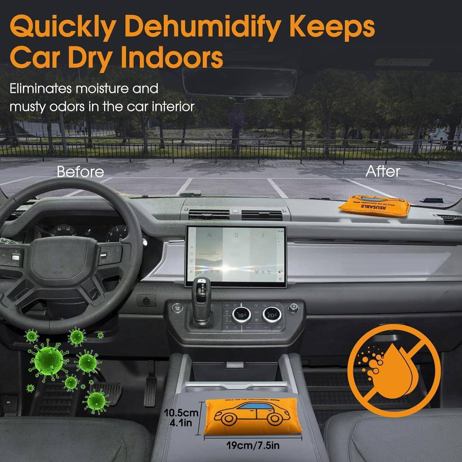 Flow fire 2 Pack x 400g Wiederverwendbare Luftentfeuchterbeutel für Auto, Kieselgel Auto Feuchtigkeitsabsorber mit Anti-Rutsch-Pad