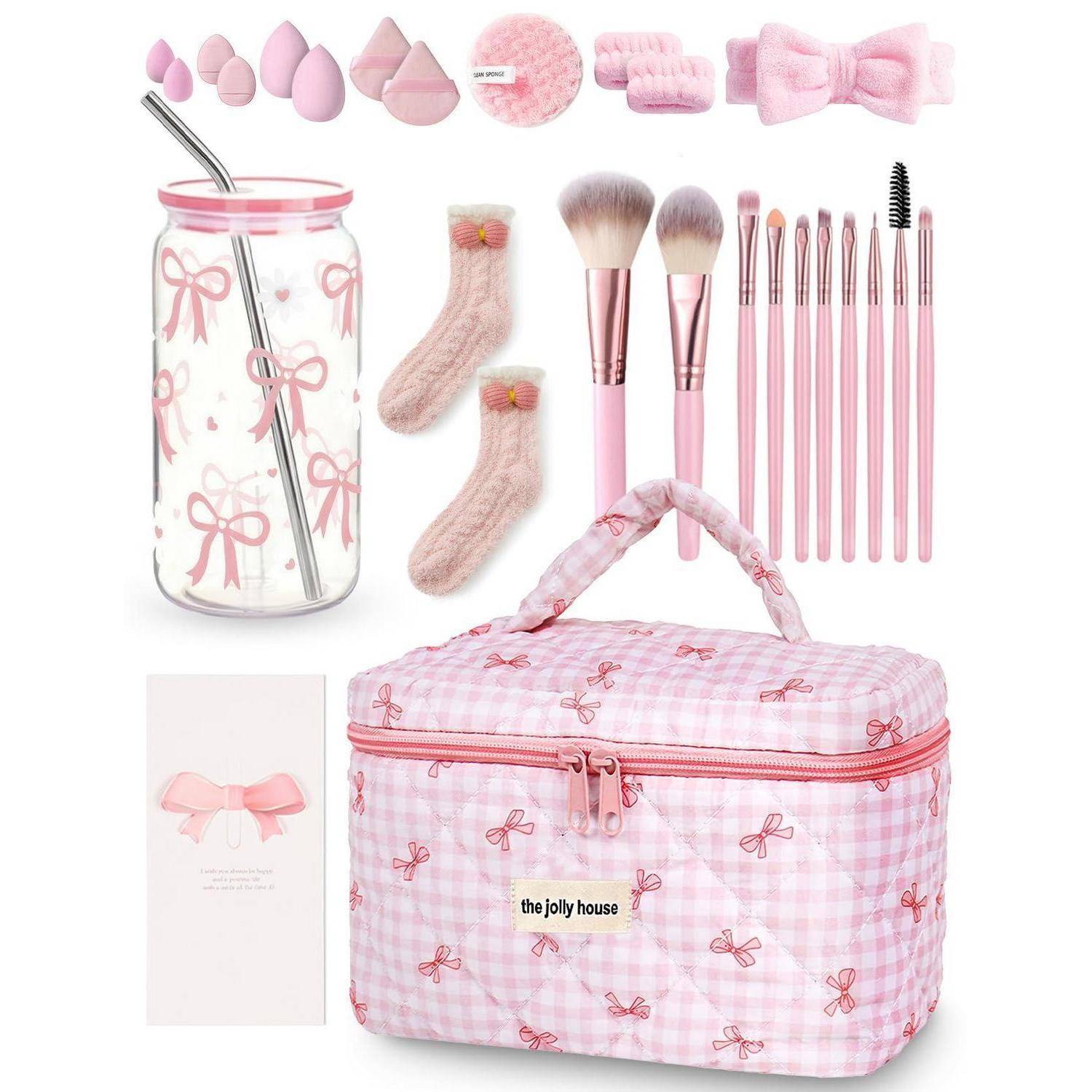 Rosa Schleifchen-Design Make-up und Beauty-Set mit Reisetasche, Glasstrohhalm-Becher, Pinseln, Schwämmen, Klammern, Socken, Haargummi und Geschenkbox.