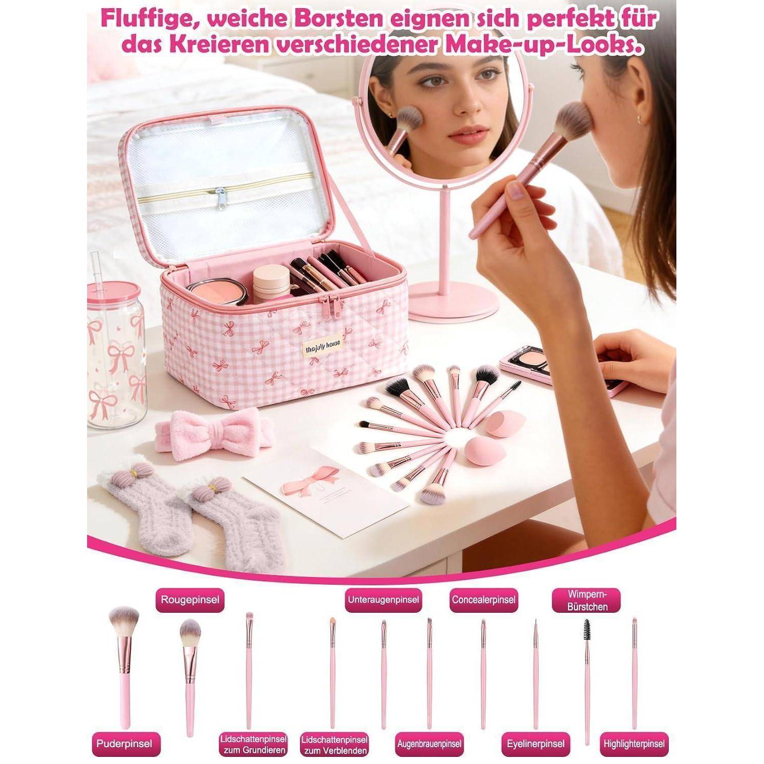 Beauty-Geschenkset für Mädchen 12 Jahre, 26-teilig (Rosa) | 500ml Glasbecher mit Schleife, Kosmetiktasche, 10 Schminkpinsel, Socken und Haarband,