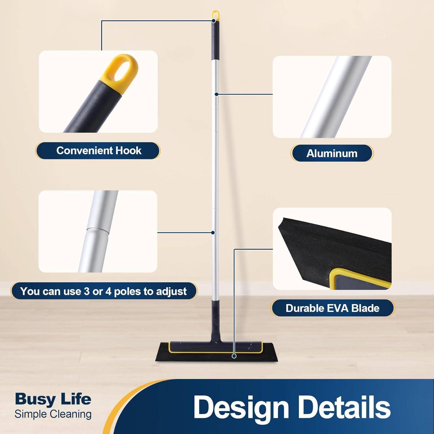 Infografik zeigt die Designdetails eines Bodenwischers: praktischer Haken, Aluminiumstange, verstellbar in 3 oder 4 Stangen, und strapazierfähige EVA-Klinge.