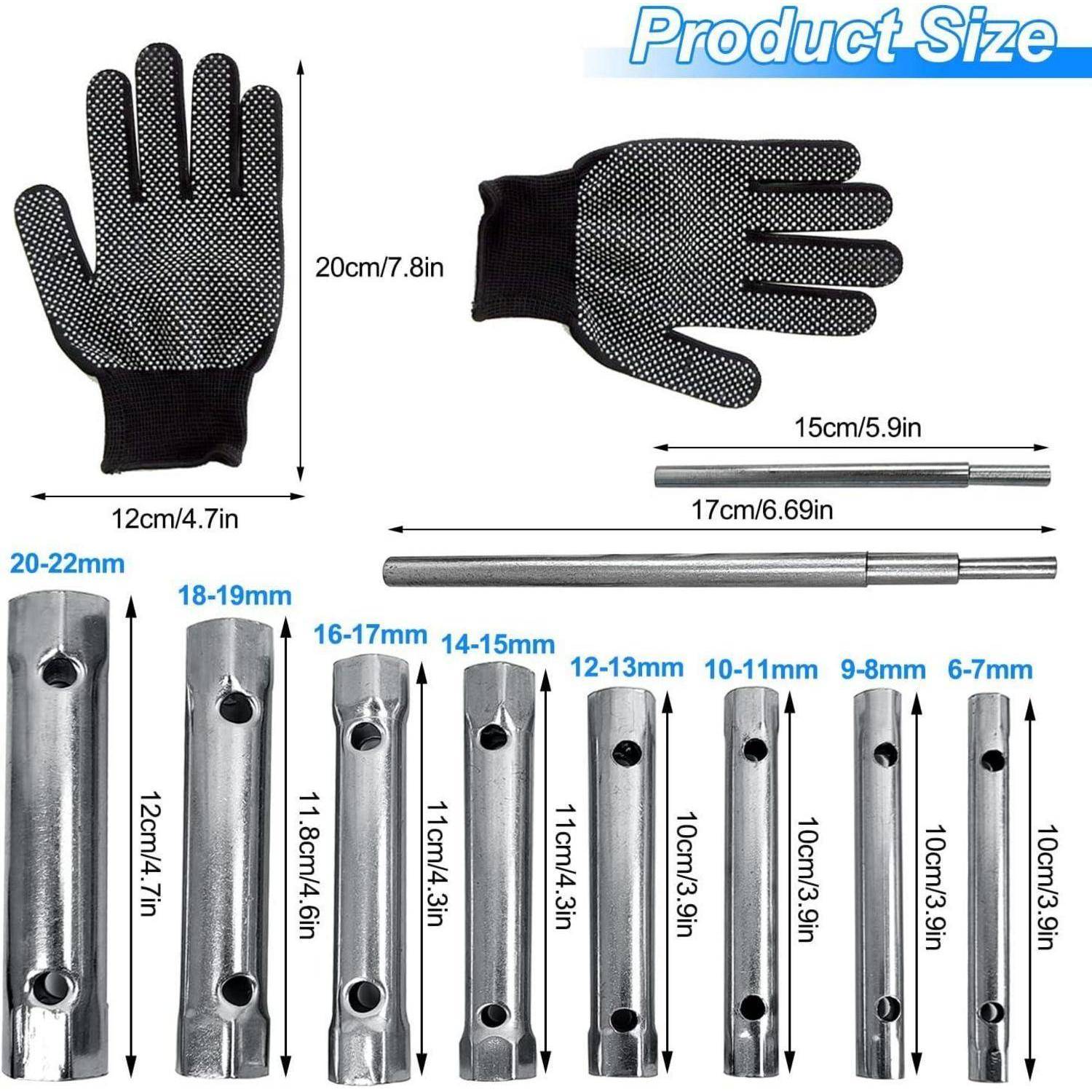 Größentabelle für Produkt mit einer schnittfesten Handschuh und hohlen Metallröhren mit Abmessungen in Zentimetern und Zoll, einschließlich Handschuhgröße und Röhrchen-Durchmesser-/Längenoptionen.