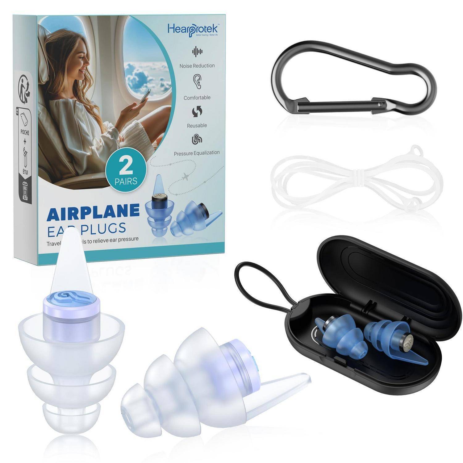 Produktabbildung von wiederverwendbaren Flugzeug-Ohrstöpseln mit zwei Paaren, einem Behälter, einem Clip und einer Verpackung mit der Bezeichnung „Airplane Ear Plugs