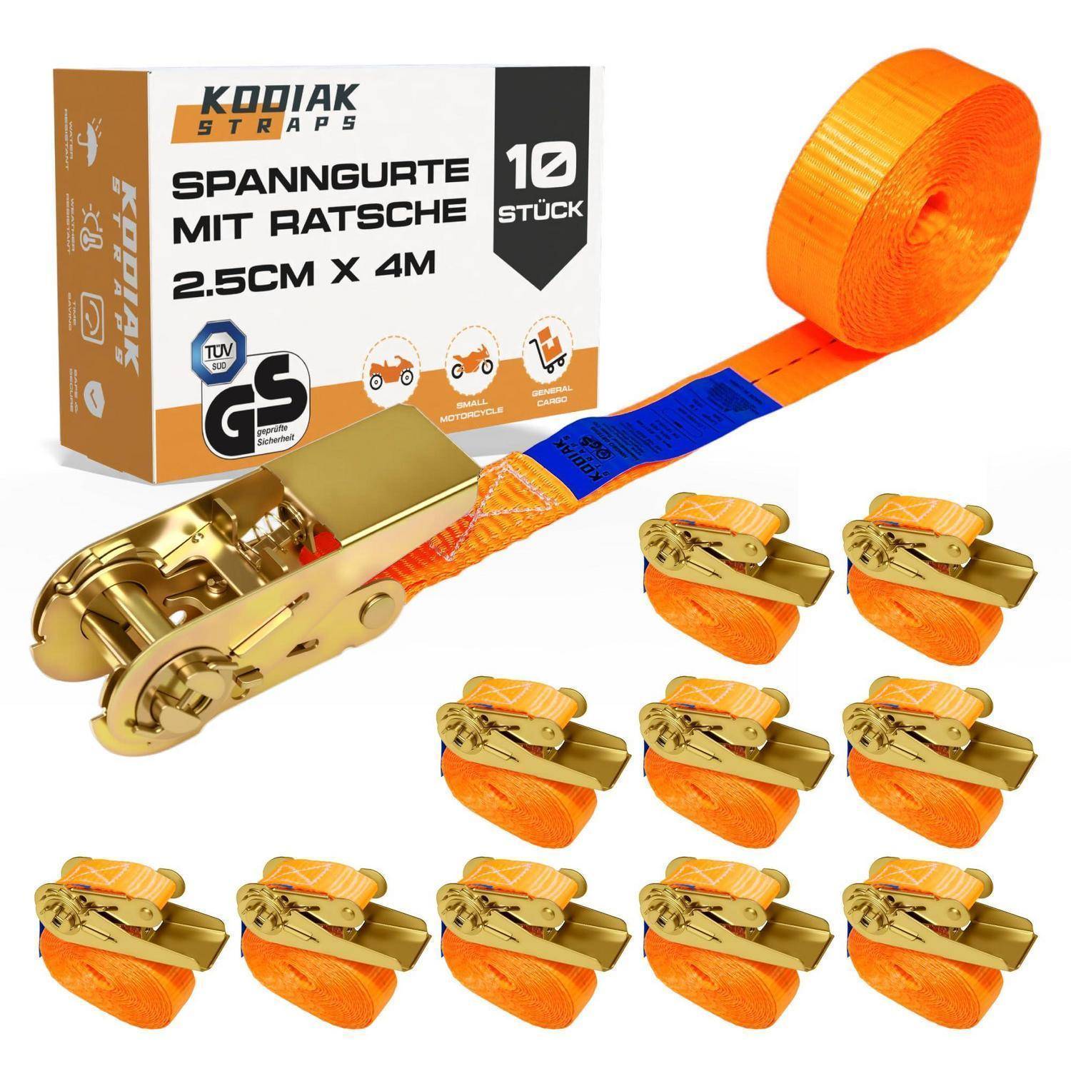 Orange Ratschenschnallengurt-Set mit goldener Metallschnalle, gezeigt mit Verpackung mit der Aufschrift „10 Stück