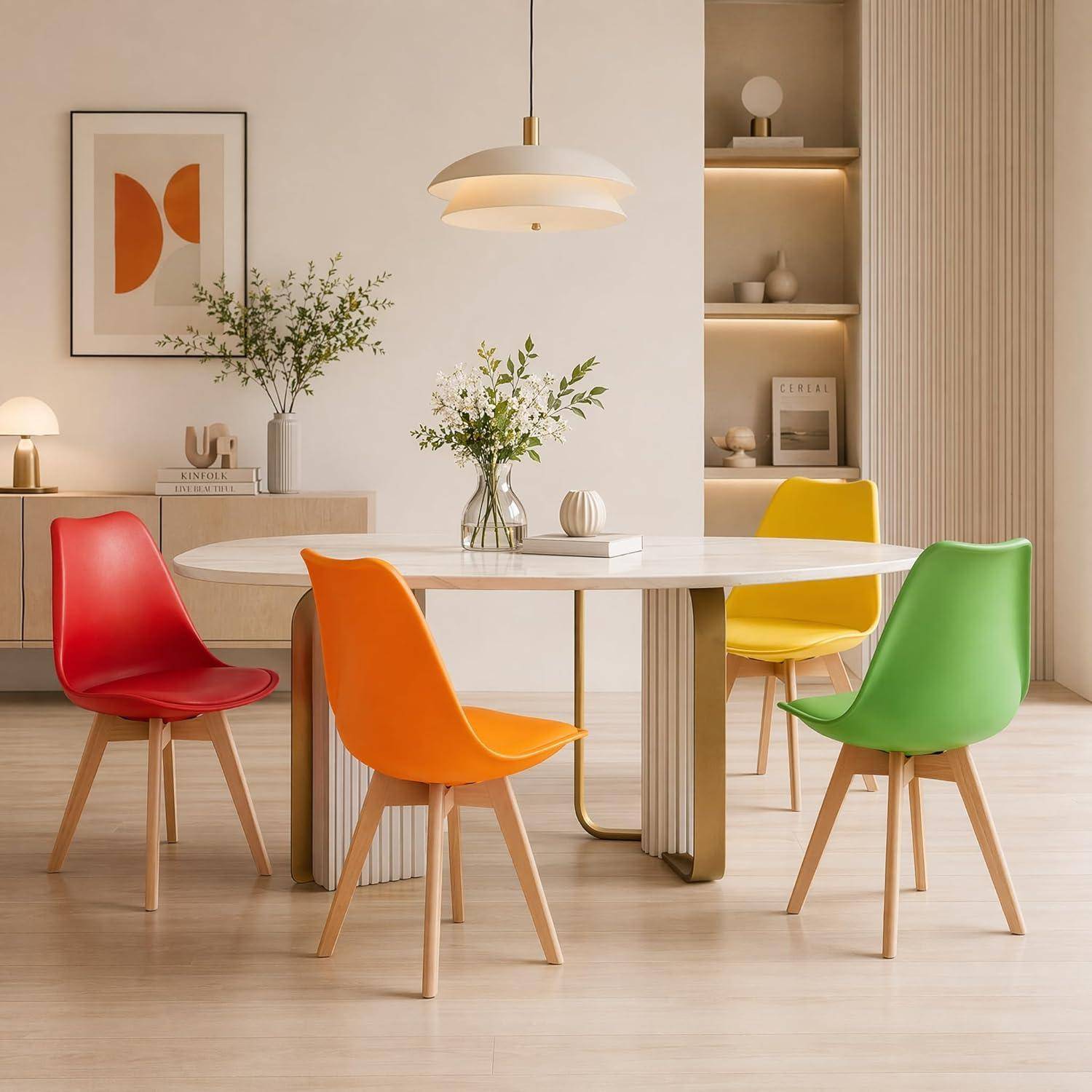 EGGREE 4er Set Esszimmerstühle Skandinavischer Schalenstuhl mit PU-Sitzkissen & Massivholz-Beinen, Bunt SGS-Geprüft Retro Küchenstuhl Polsterstuhl