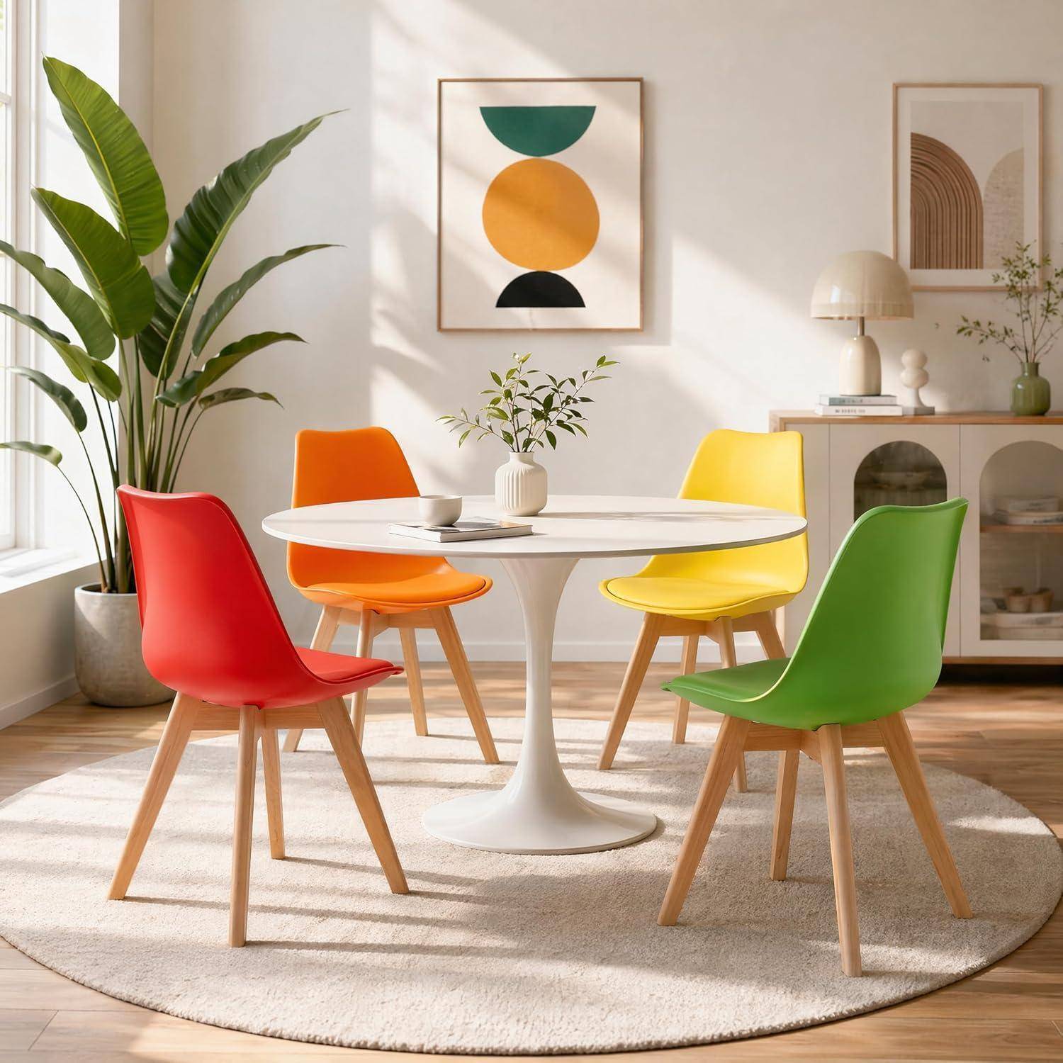EGGREE 4er Set Esszimmerstühle Skandinavischer Schalenstuhl mit PU-Sitzkissen & Massivholz-Beinen, Bunt SGS-Geprüft Retro Küchenstuhl Polsterstuhl