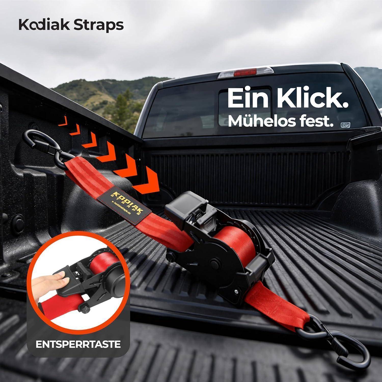 Kodiak Straps Lastwagen-Ladeflächen-Zurrgurt mit rotem Ratschengurt und Verriegelungsknopf; Text lautet „Ein Klick. Mühelos fest.
